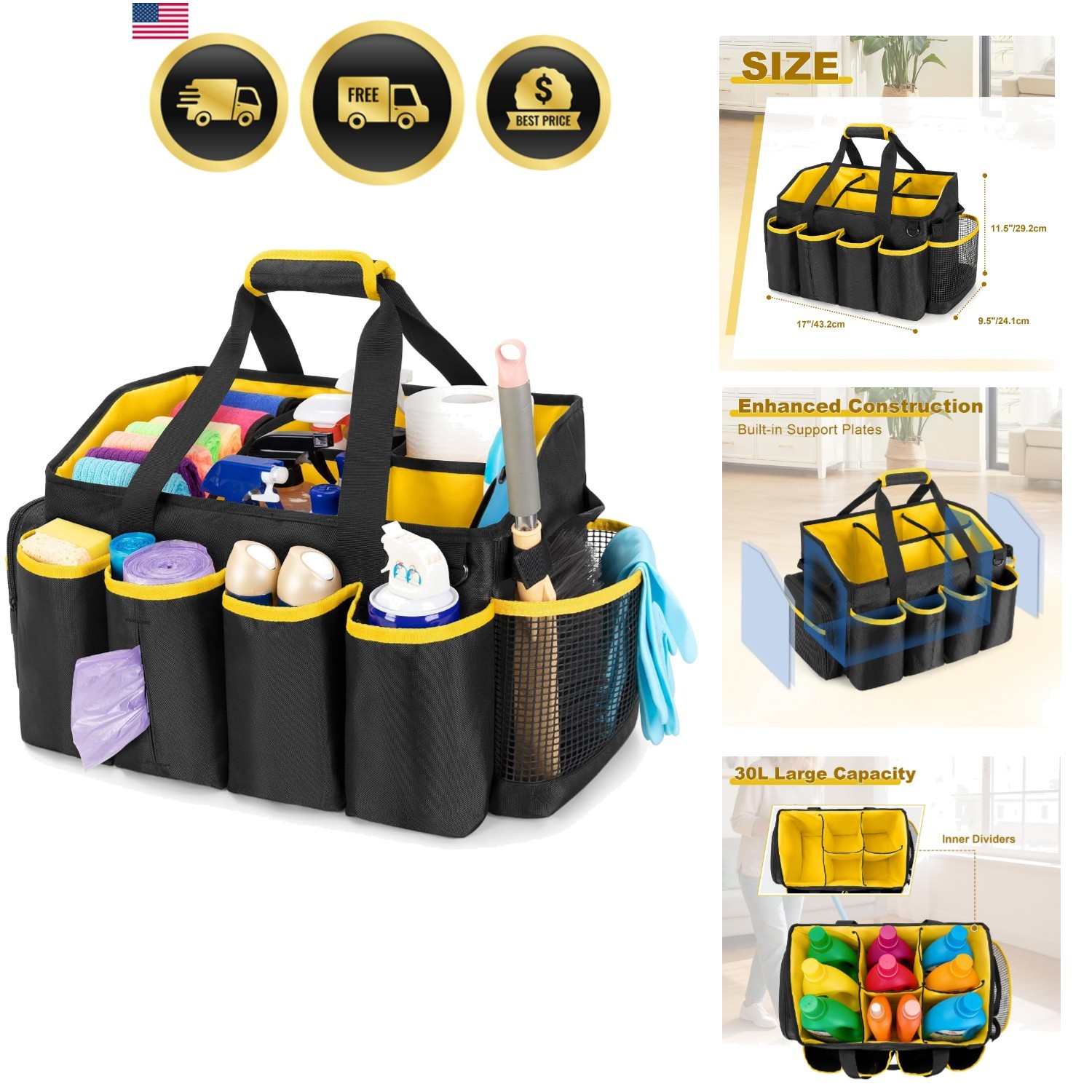 Cleaning Caddy Organizer Bag with Handle Large Capacity Tote for Home Car