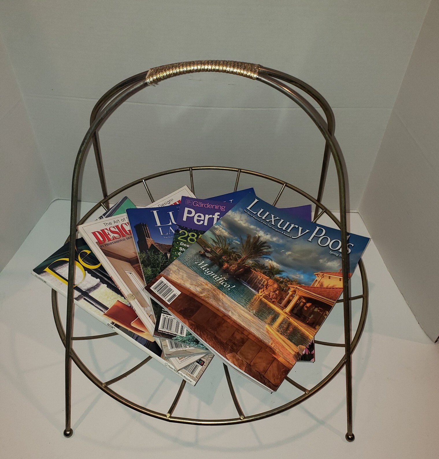 Magazine Rack Brass Atomic Art Round MCM Nouveau Deco Mid Century Rare Vintage