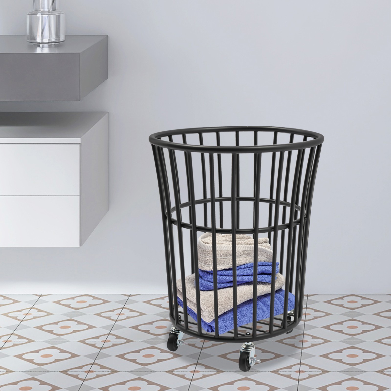 Black Metal Laundry Basket with 4 Wheels,36*40cm Round Barrel Laundry Basket