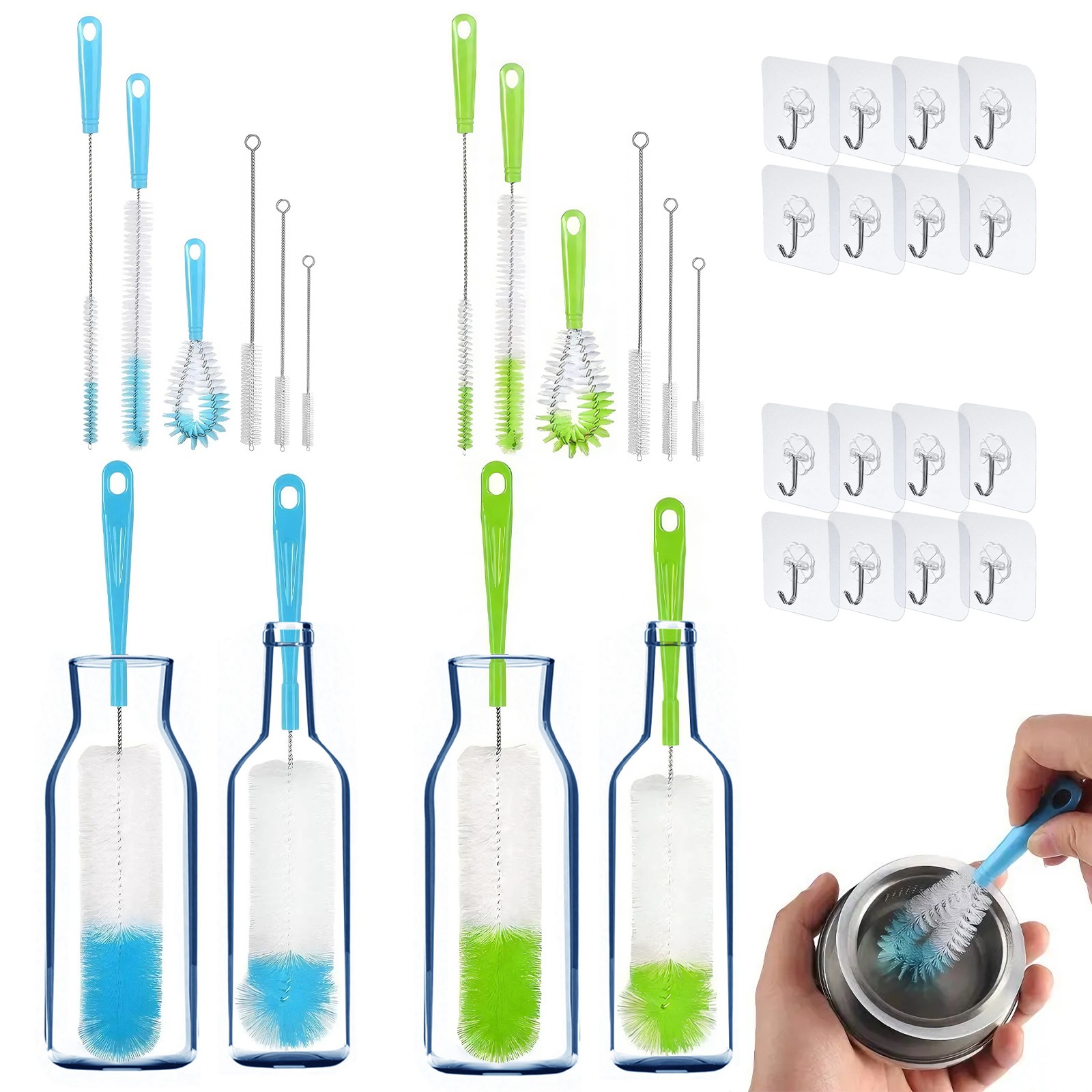 8PCS extended Handle Bottle Brush Set Plastic Cleaner Bottles Straws Cups Blu…