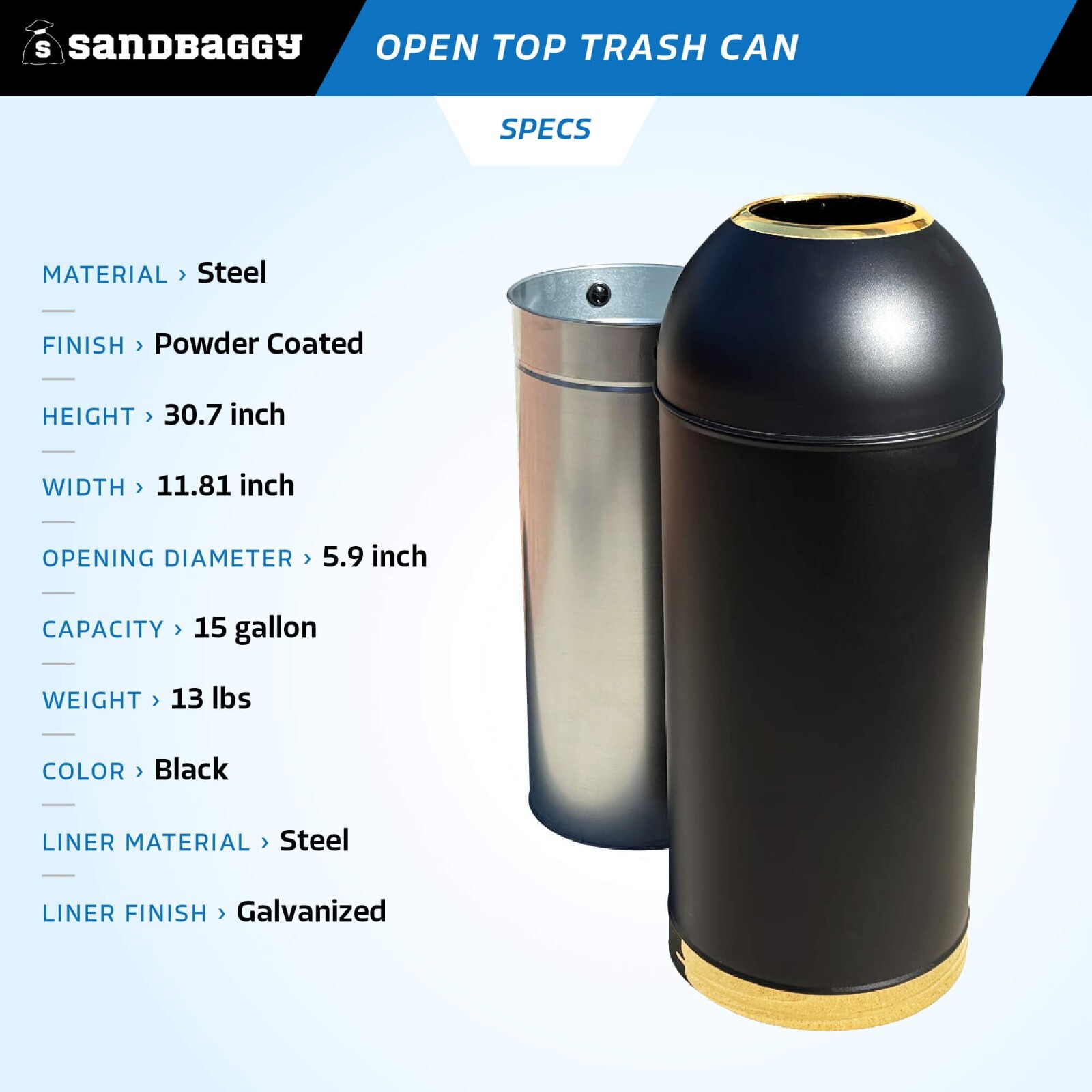 Sandbaggy 15-Gallon Black Open Top Dome Steel Trash Can with Lid (31″ x 12″)