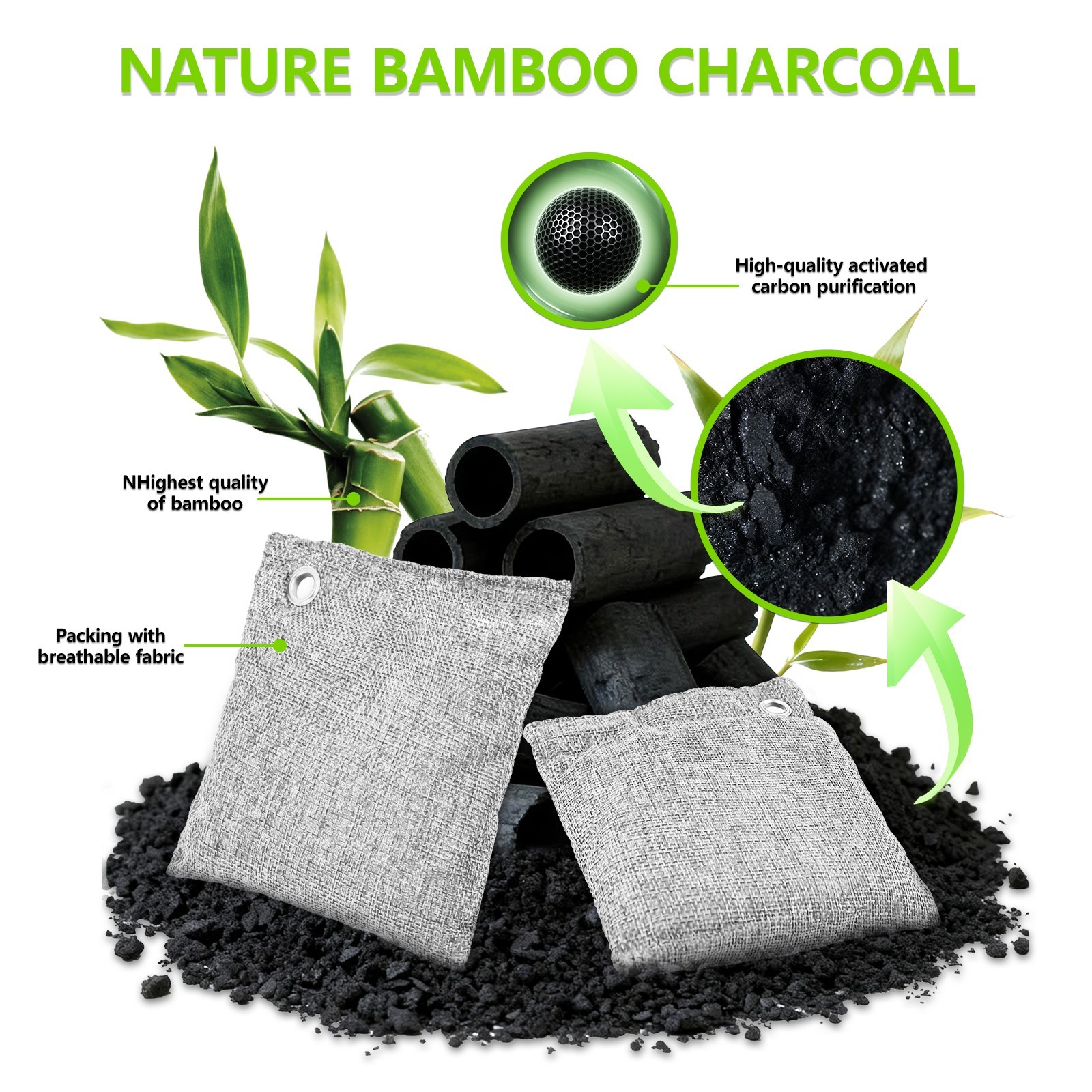 4 Packs Activated Charcoal Odor Absorber Nature Fresh Bamboo Air Purifying Bag