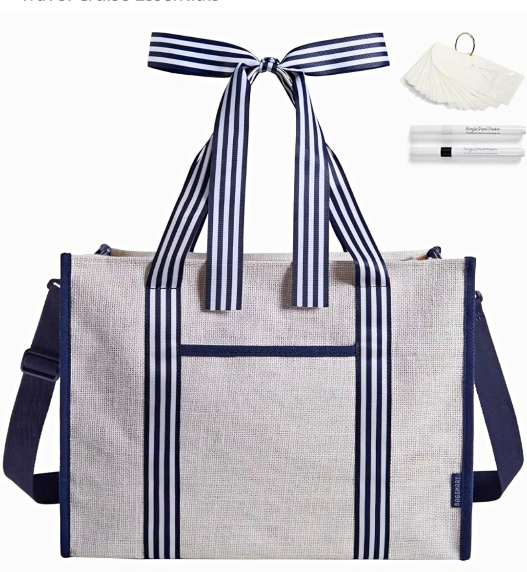 Bags Mart Jute Reusable Large Tote Bag Blue/White Striped 21L 17x13x5.7