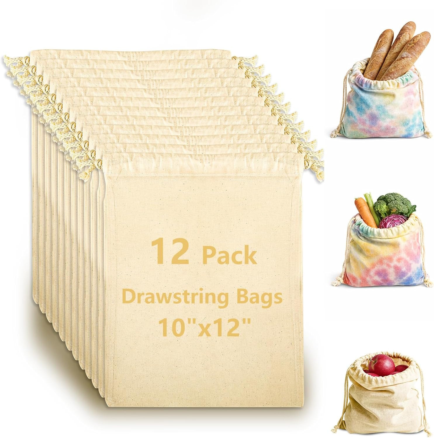 12 Pack Cotton Muslin Drawstring Bags – Reusable Cloth Bags for Storage, Produce