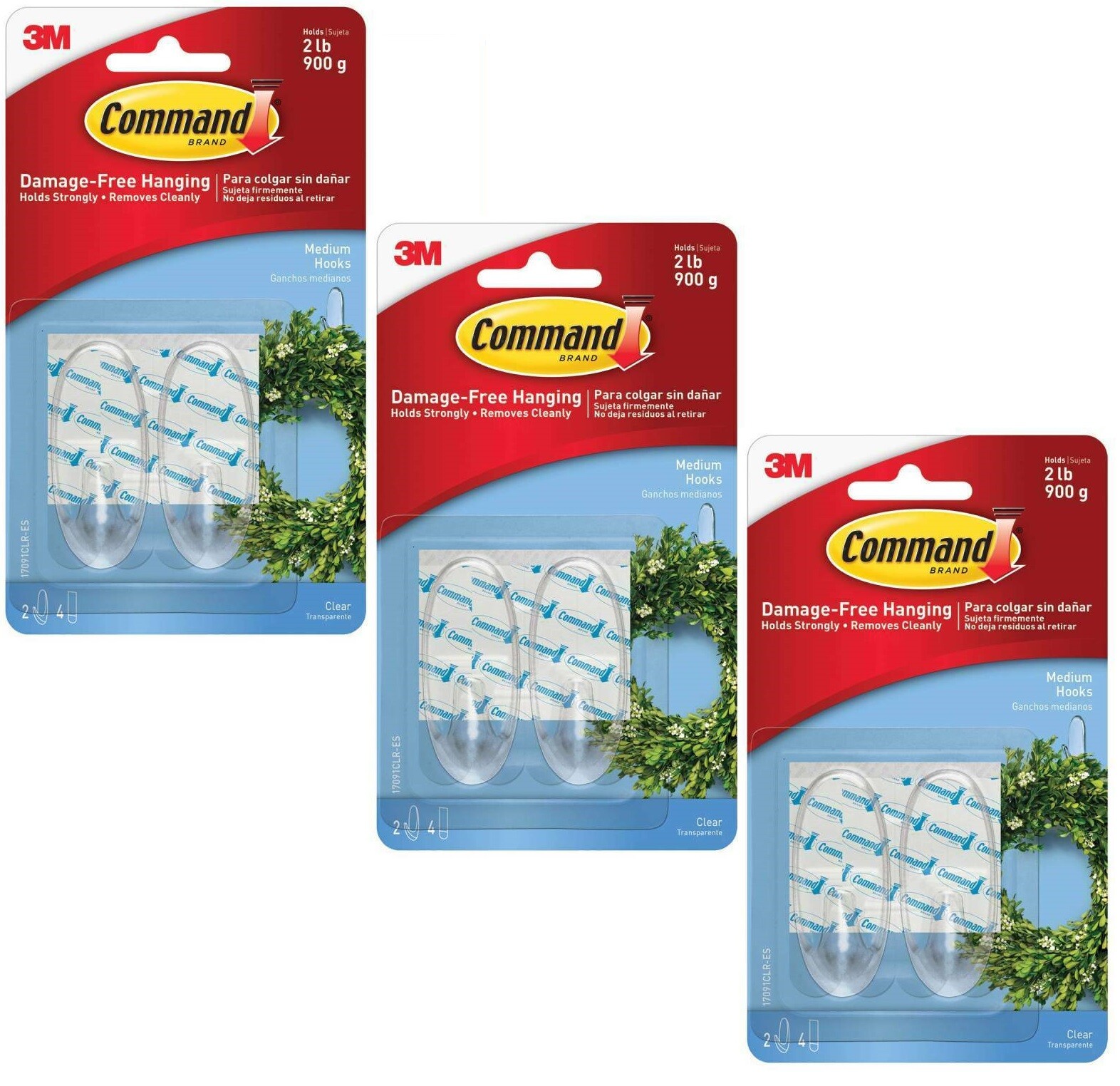3 Packs 3M Command 2 Medium Clear Hooks & 4 Adhesive Strips Per Pack Max 2 lb