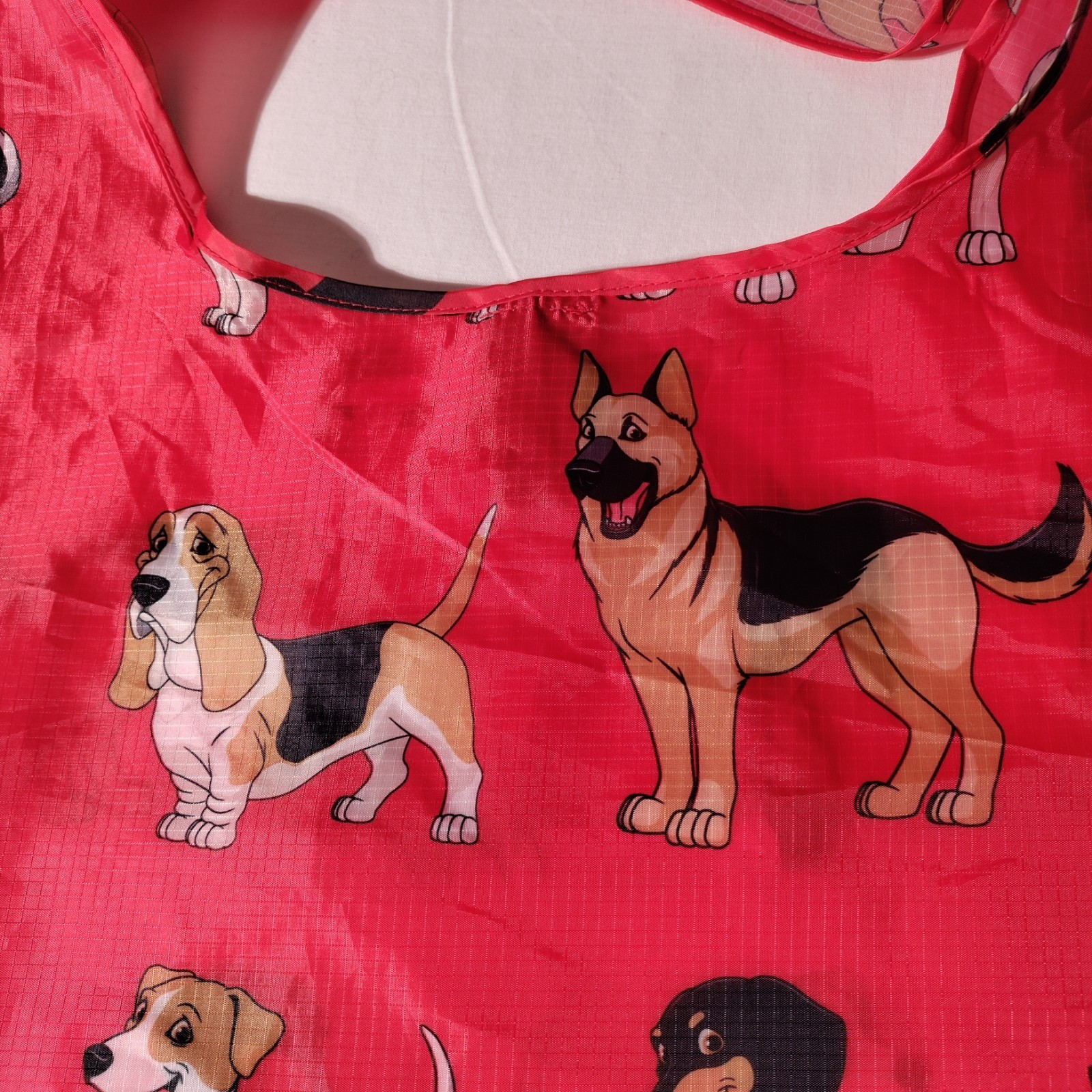 BeeGreen Reusable Nylon Shopping Tote Red Bag with Dogs All Over