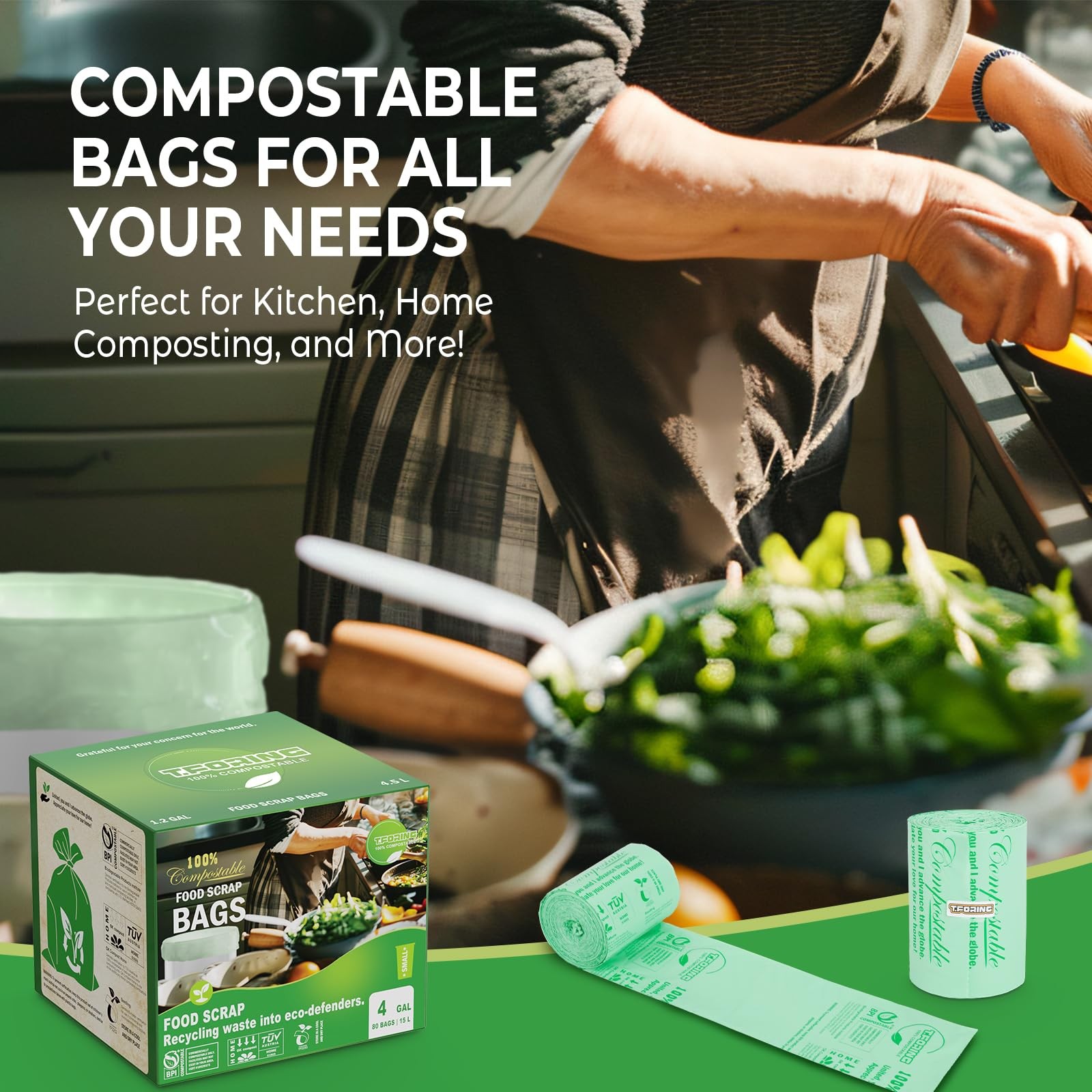 Compostable Trash Bags, 3-4 Gallon, 15 L, Extra Thick 0.8 Mil, Small Kitchen …