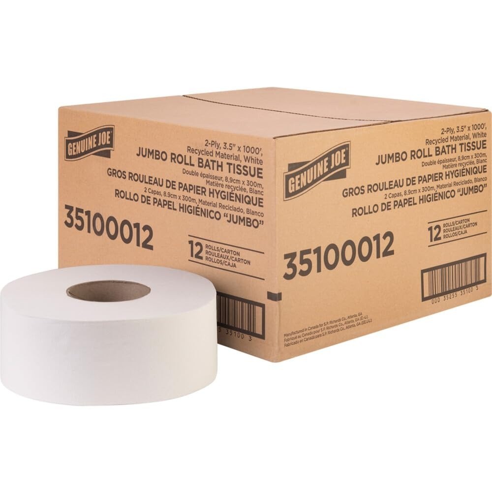 Genuine Joe Jumbo Roll Bath Tissue – 2-Ply White Toilet Paper, 12 Count