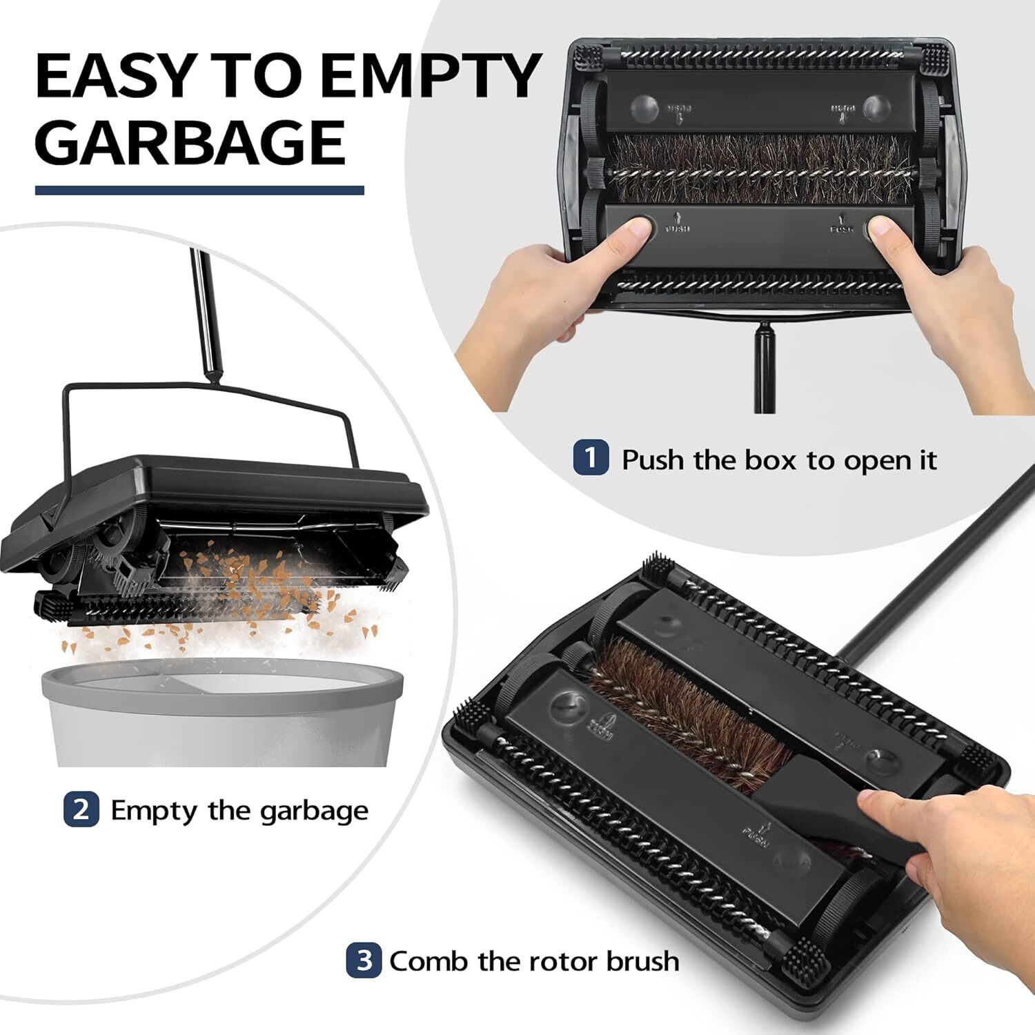 Carpet Floor Sweeper with Adjustable Handle Non-Electric Manual Sweeping Black