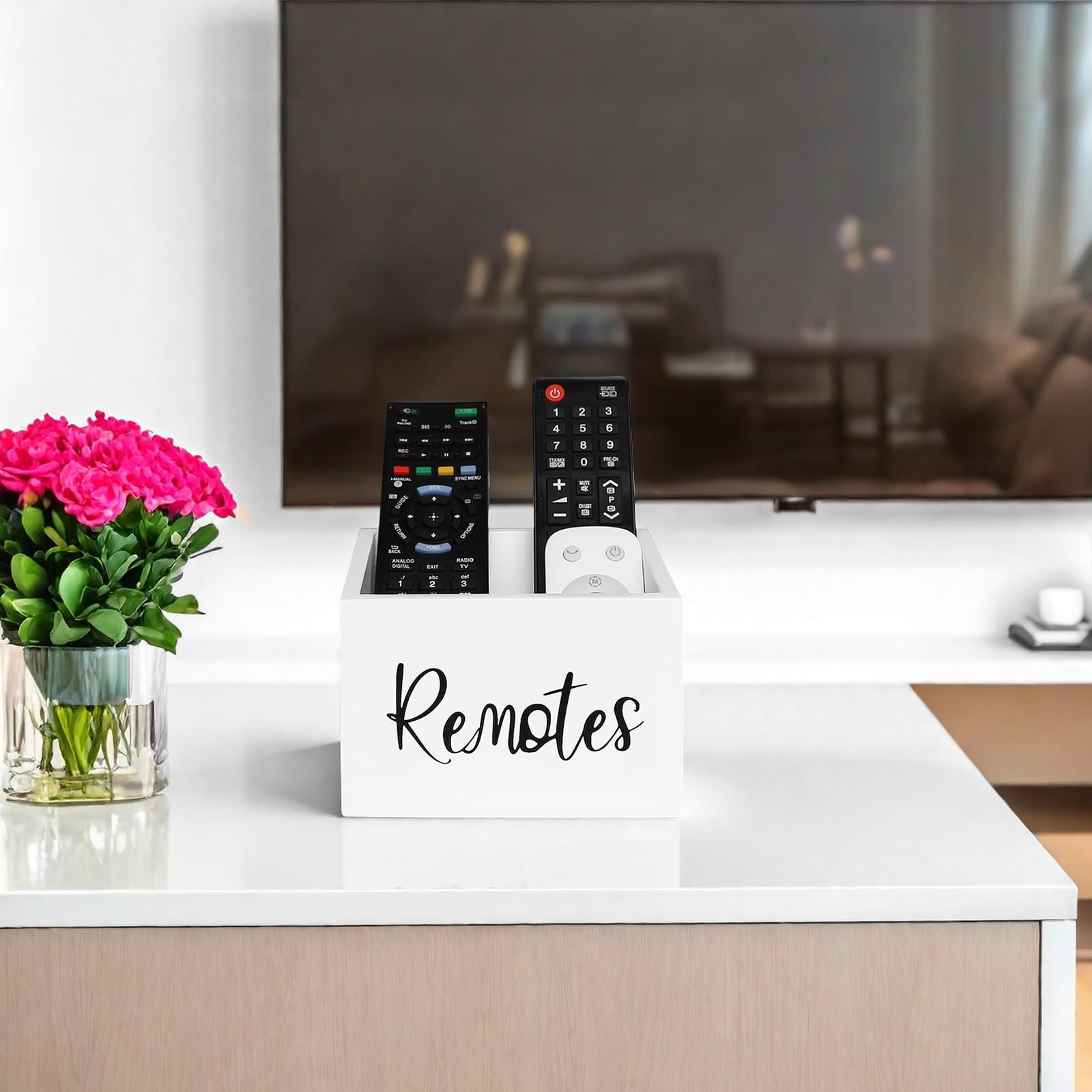 Size M Wooden TV Remote Control Holder Desktop Storage Box Organizer White