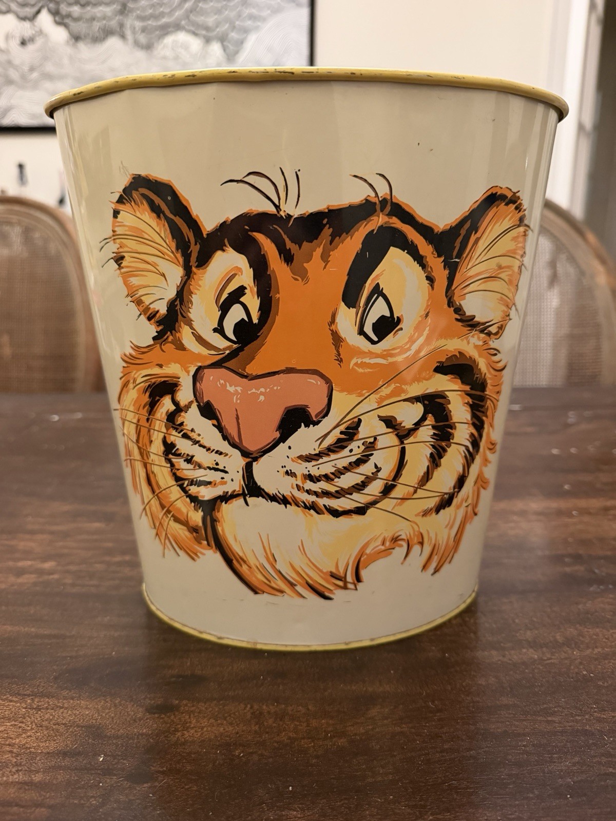 Vintage Cheinco Tiger Metal Wastebasket Trash Can Bin Made in USA Litho Animal