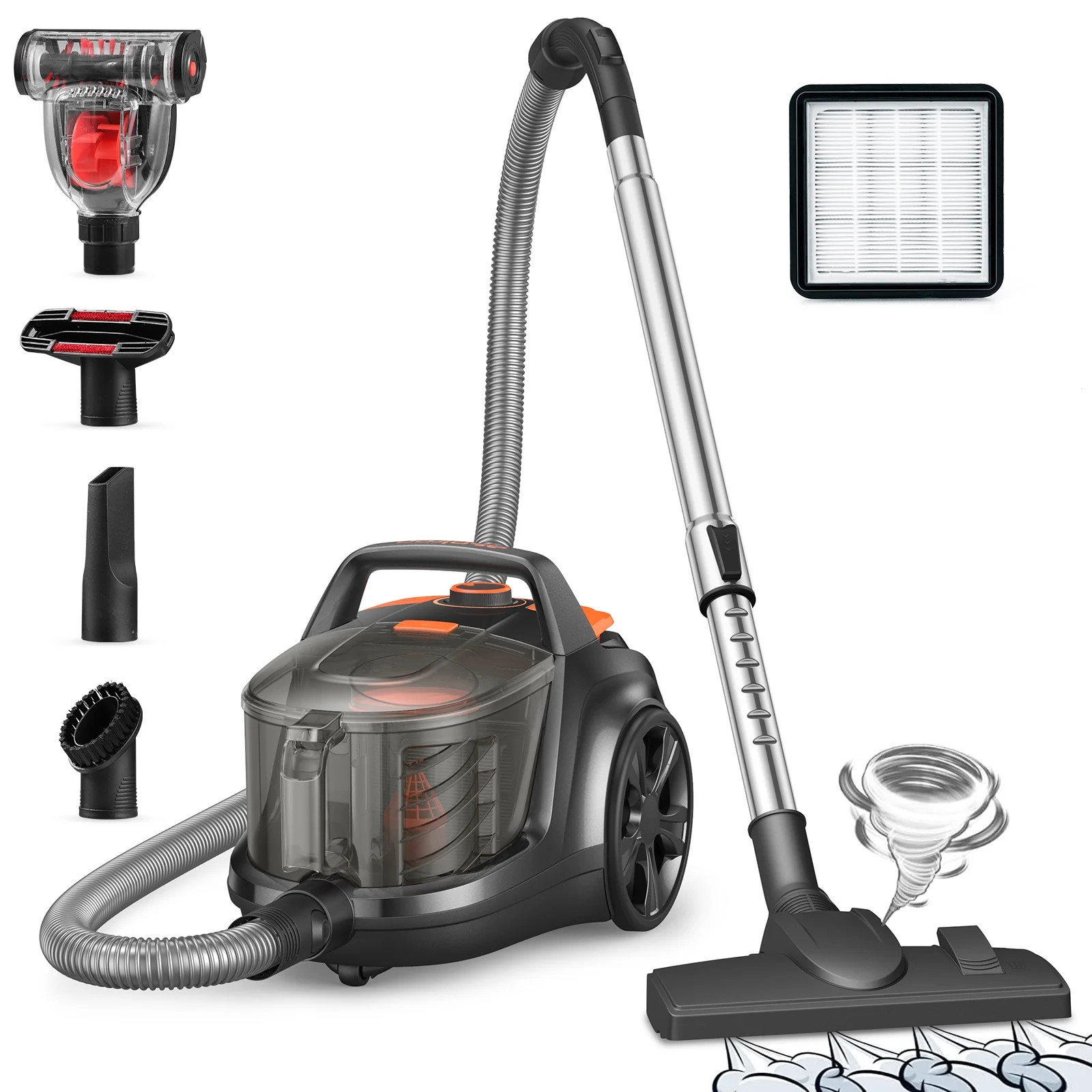 Bagless Vacuum Cleaner 20Ft PWR Cord “Auto-Rewind” Double HEPA Filter 14.9lb Blk