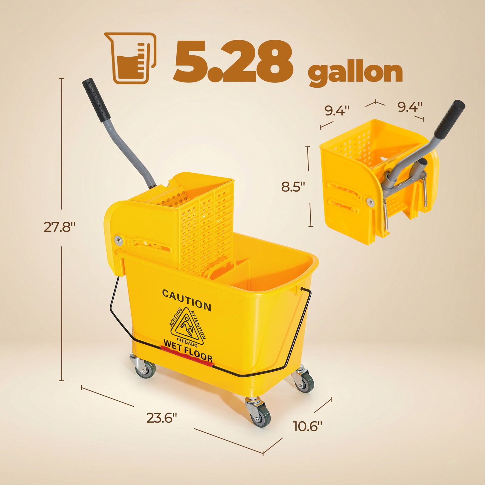 5 Gallon Mini Press Mop Bucket with Wringer 20L Rolling Cart Yellow