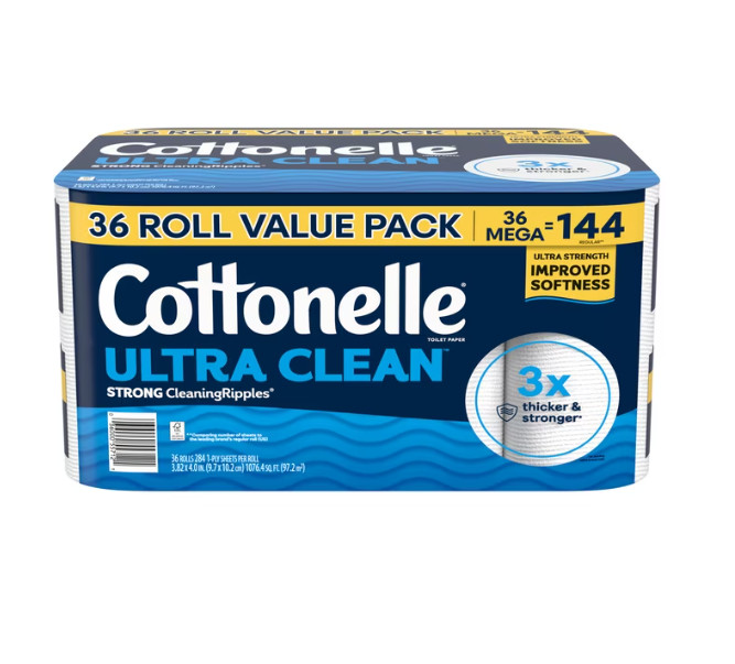 Cottonelle Ultra Clean Toilet Paper, Strong Toilet Tissue, 36 Mega Rolls F/S US