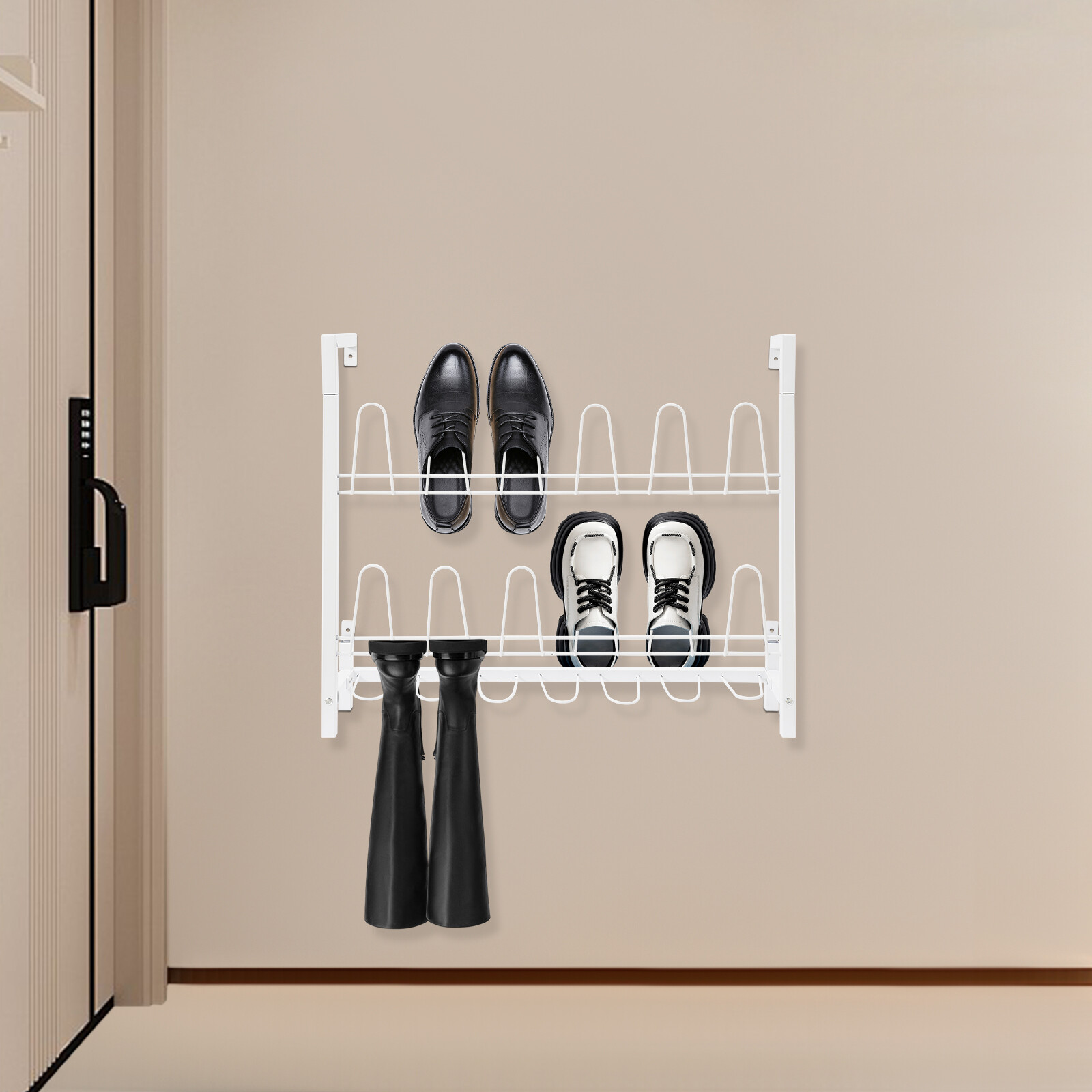 3 Tier Wall Mounted Shoe Rack, White Metal Wire Boot Rack Hanging Shoe Organizer