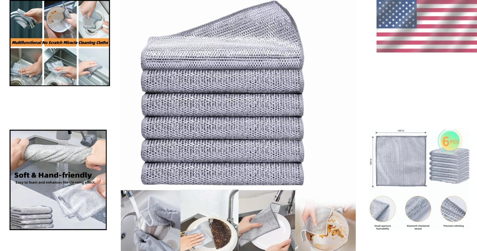 Wire Cleaning Cloths 6-Pack Non-Scratch Miracle Silver Microfiber Kitchen Scrub