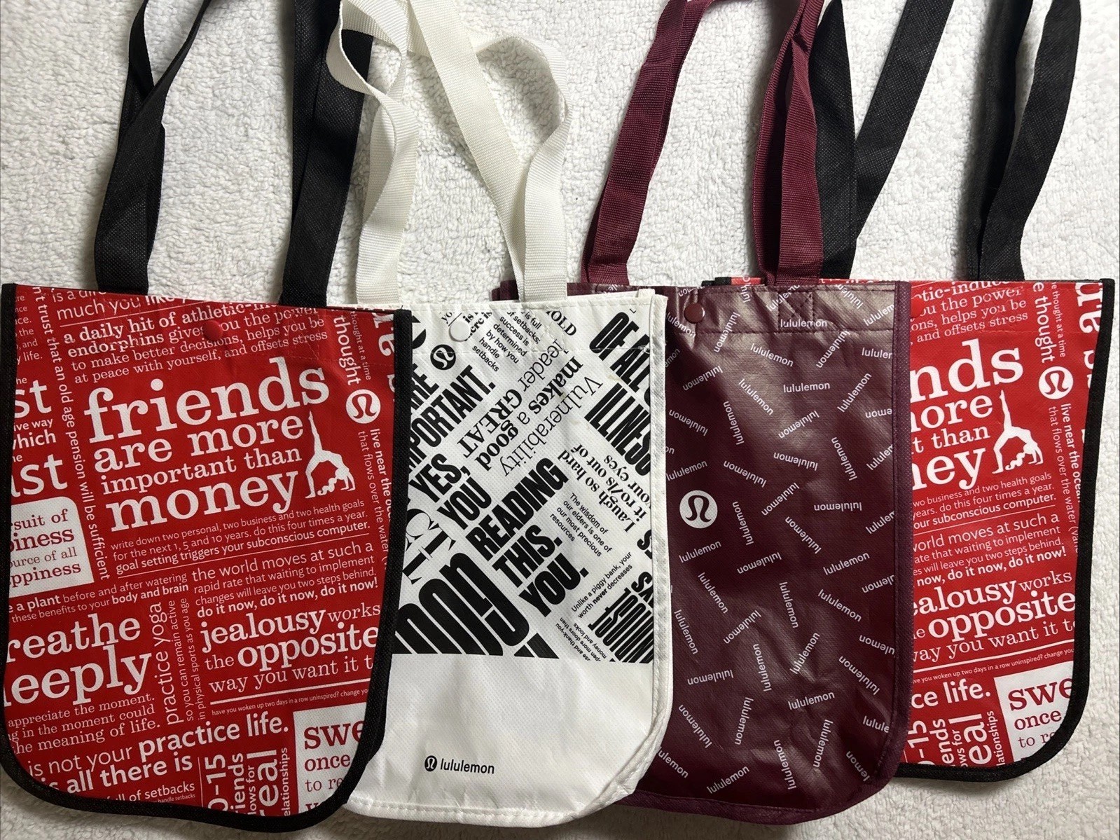 Lululemon Reusable Plastic Shopping Bags Lot of 4 Assorted Colors