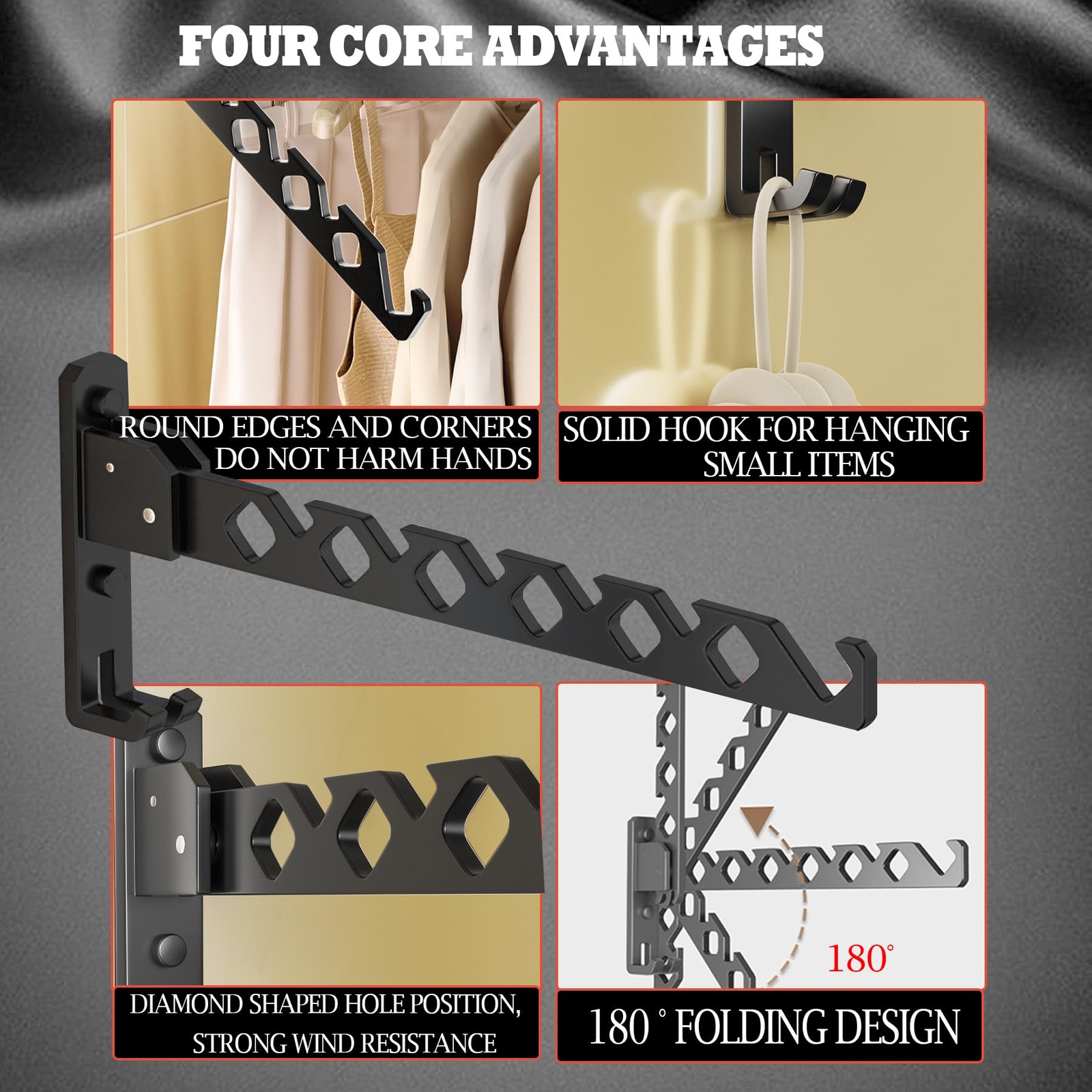 Dr.DJ Wall Mount Coat Hanger Holder Black Clothes Drying 2racks