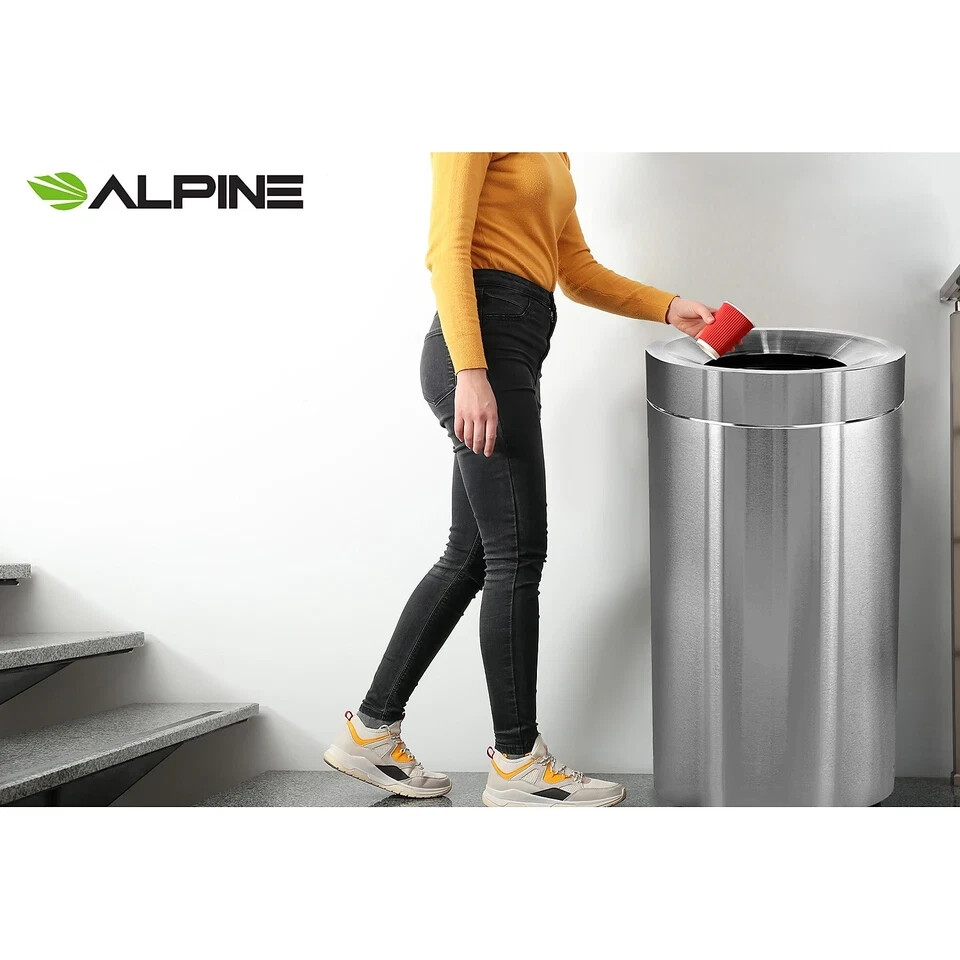 Alpine Industries 50-Gallon Stainless Steel Indoor Trash Can w/ Funnel Open Top.