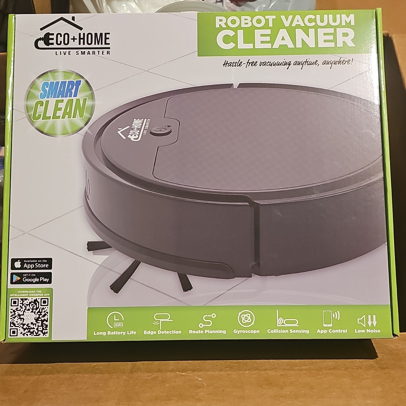 Eco+Home Cordless Bagless Robot Vacuum, App Control, Gray, Sensors/Route
