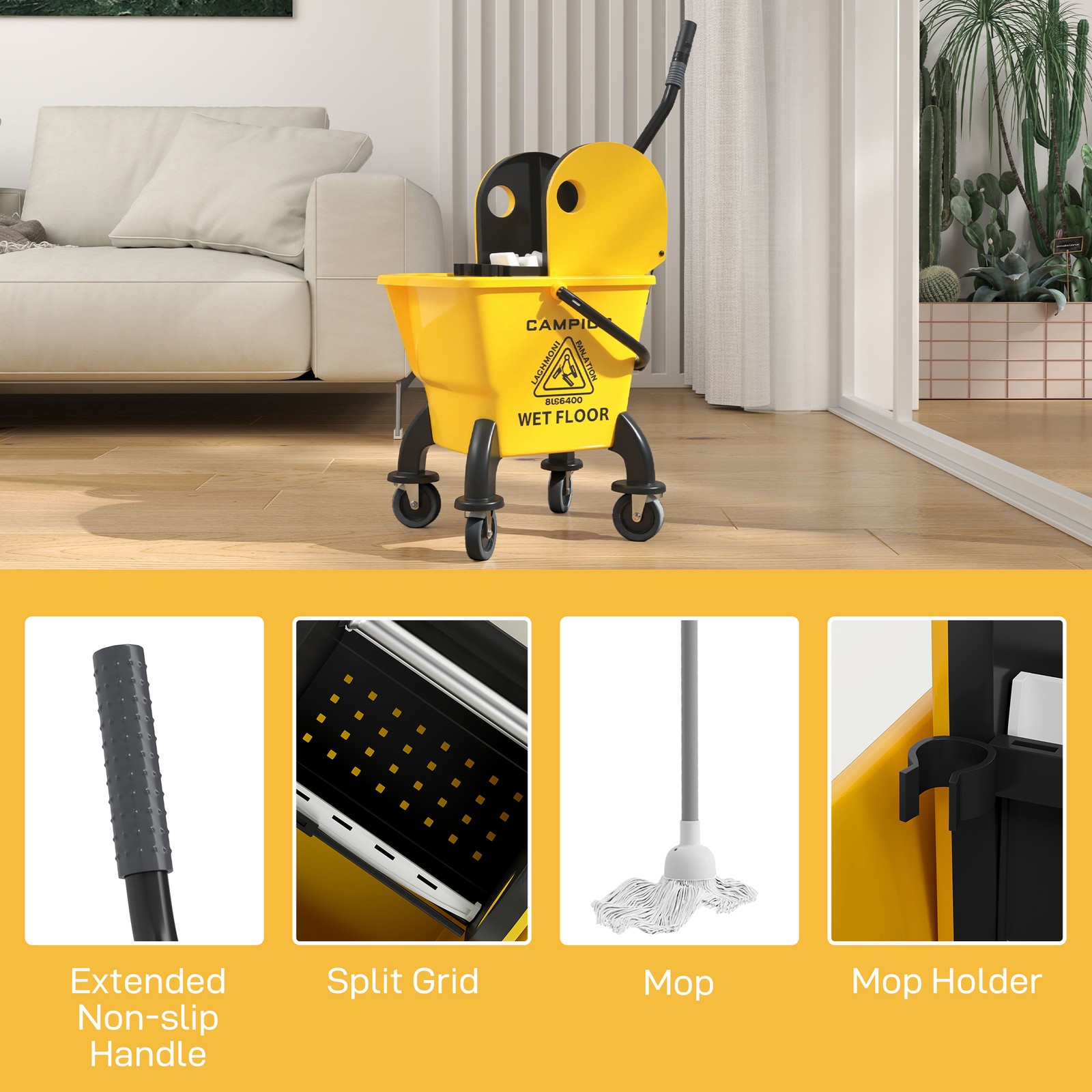 Mop Bucket with Wringer on Wheels and Mop Included,27.5 Quart,Yellow,Refurbished