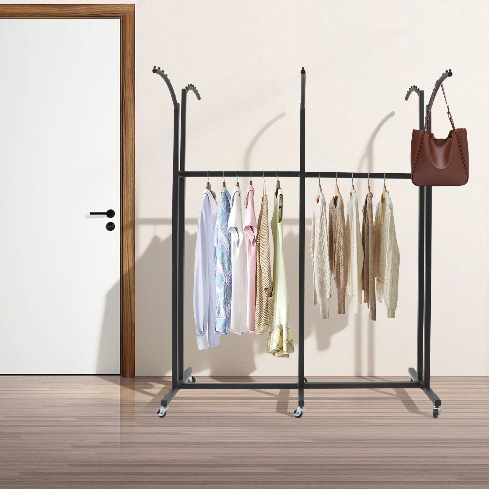 Black 6 Arms Clothing Display Rack With Wheels, 55.12-70.87in Adjustable Height