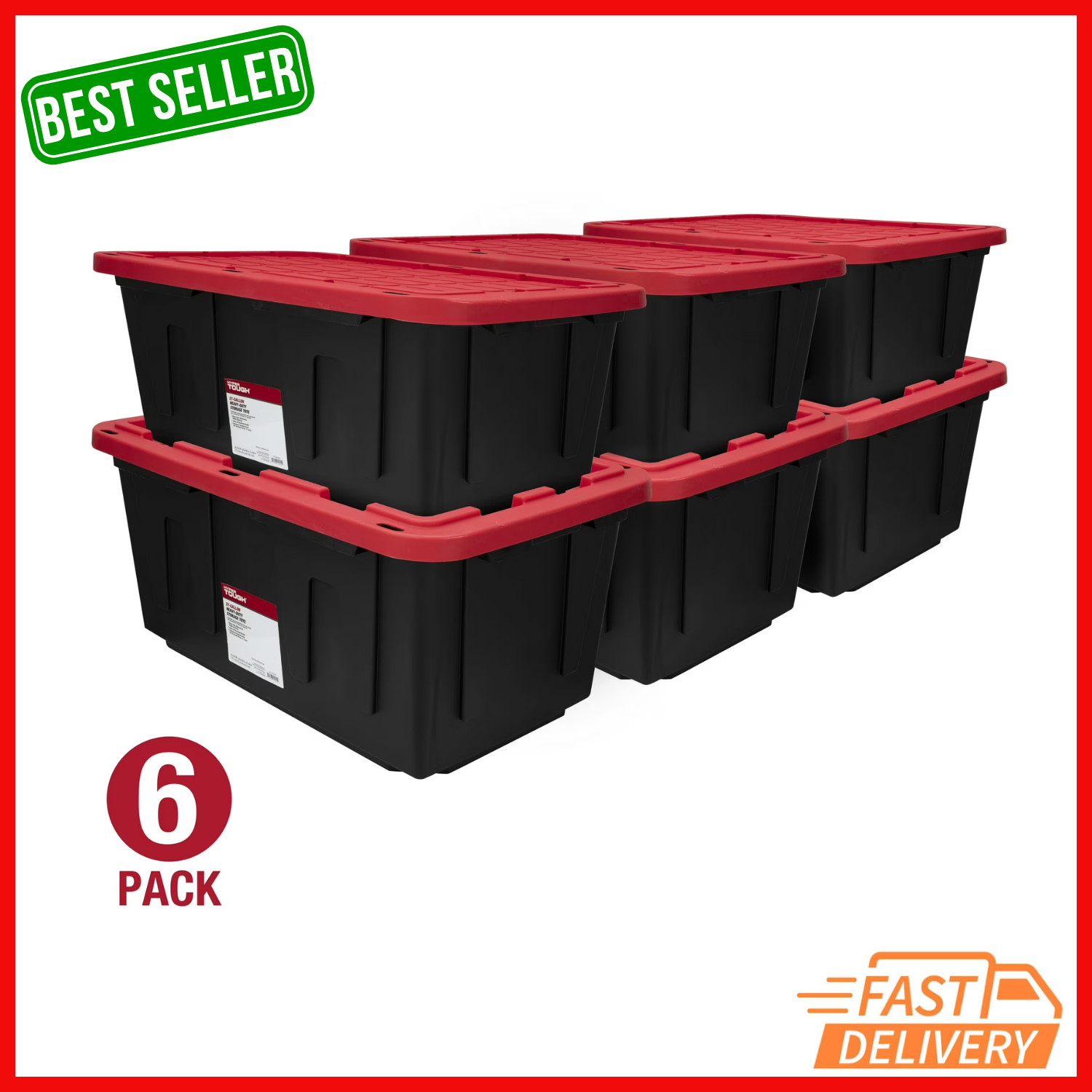 6 Pack Hyper Tough 27 Gallon Snap Lid Storage Bin Black Red Lid Heavy Duty