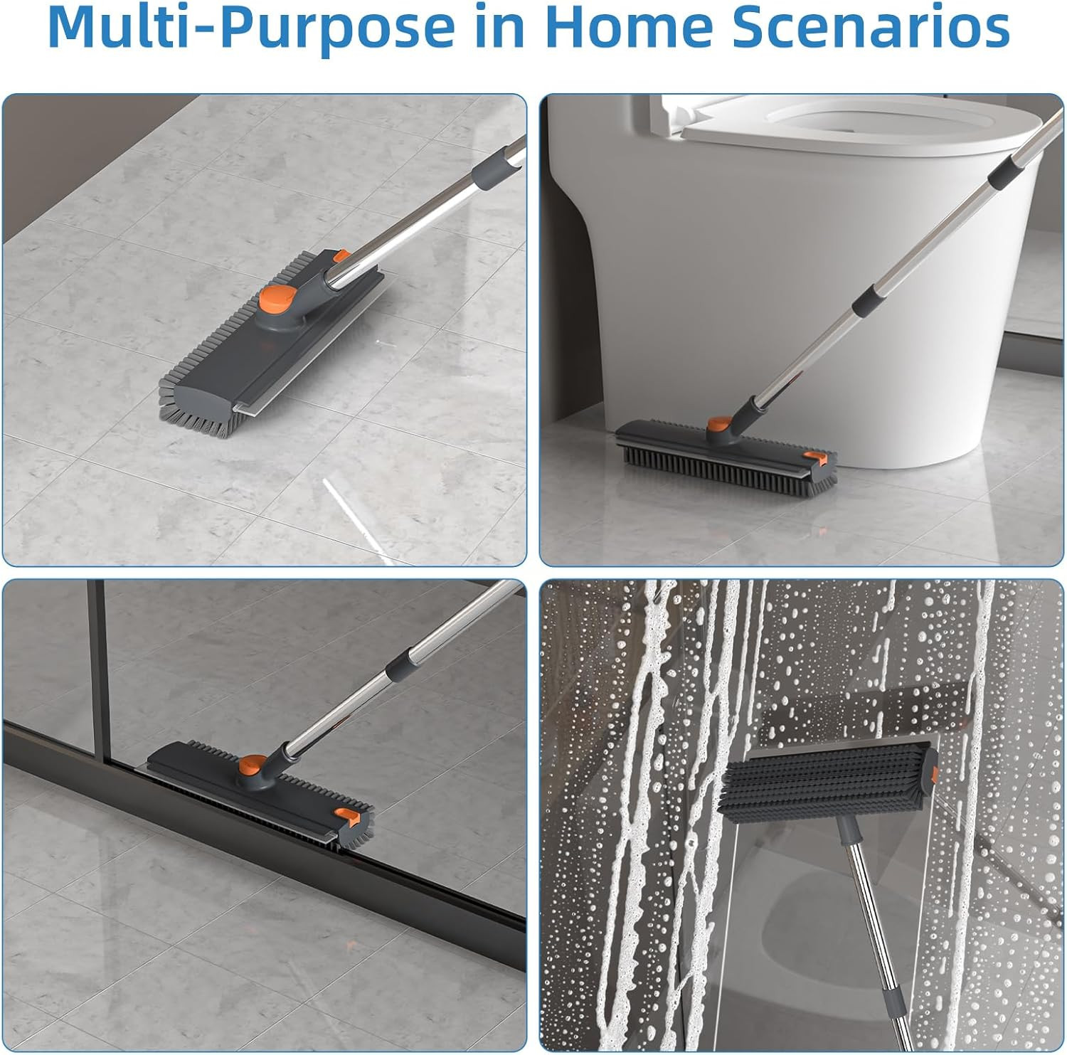 Floor Scrub Brush with Long Handle, 3 in 1 Scrape and Heavy-Duty Stiff Bristle F