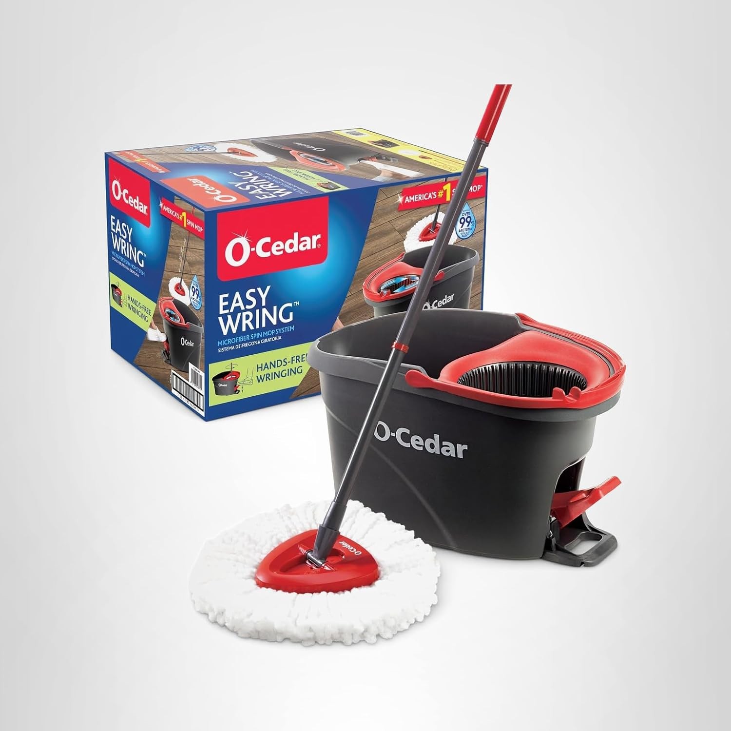 O-Cedar EasyWring Microfiber Spin Mop, Bucket Floor Cleaning System, Red, Gray,
