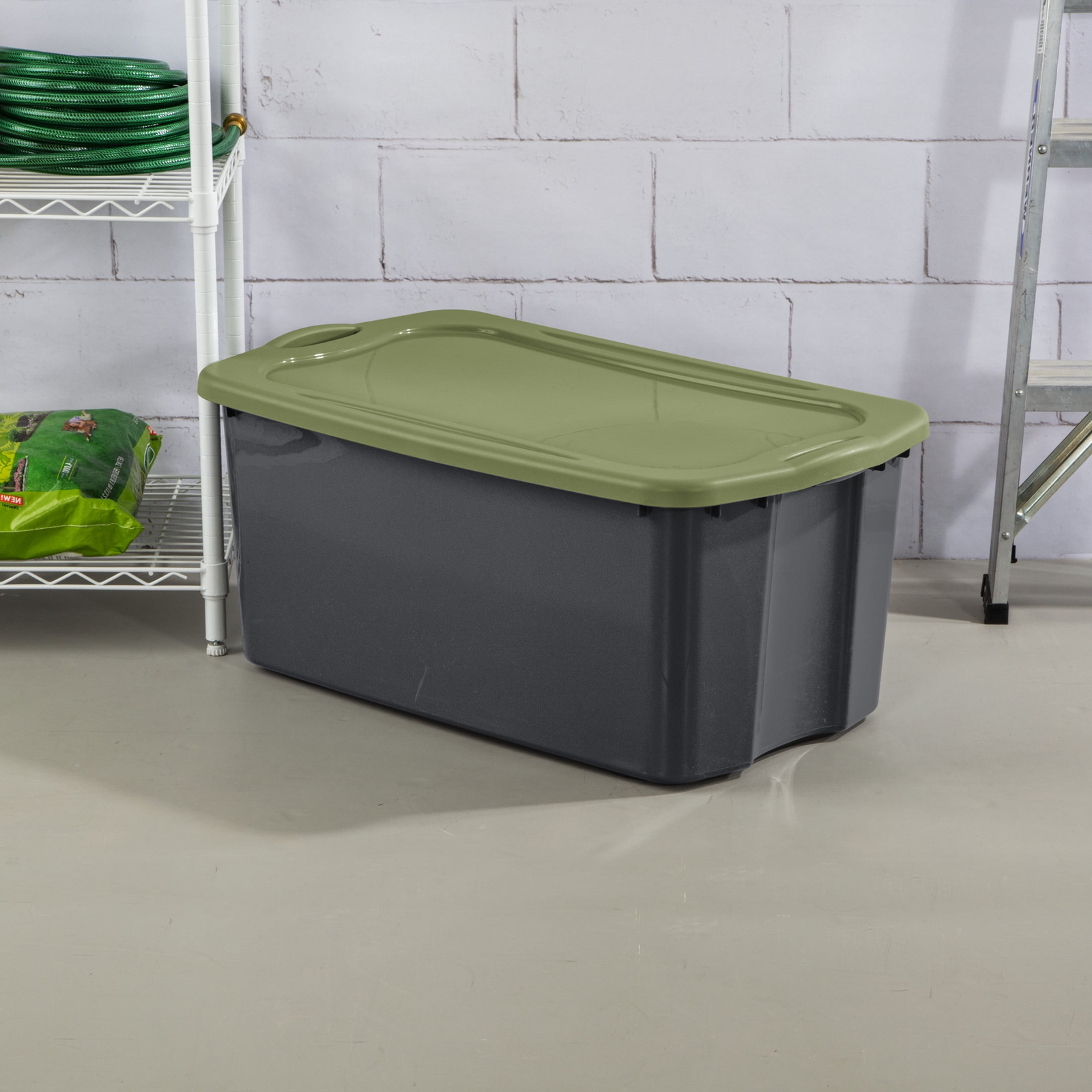 30 Gal. EZ Carry, Clear Plastic Storage Bin, Full-Grip Handles, Gray/Green