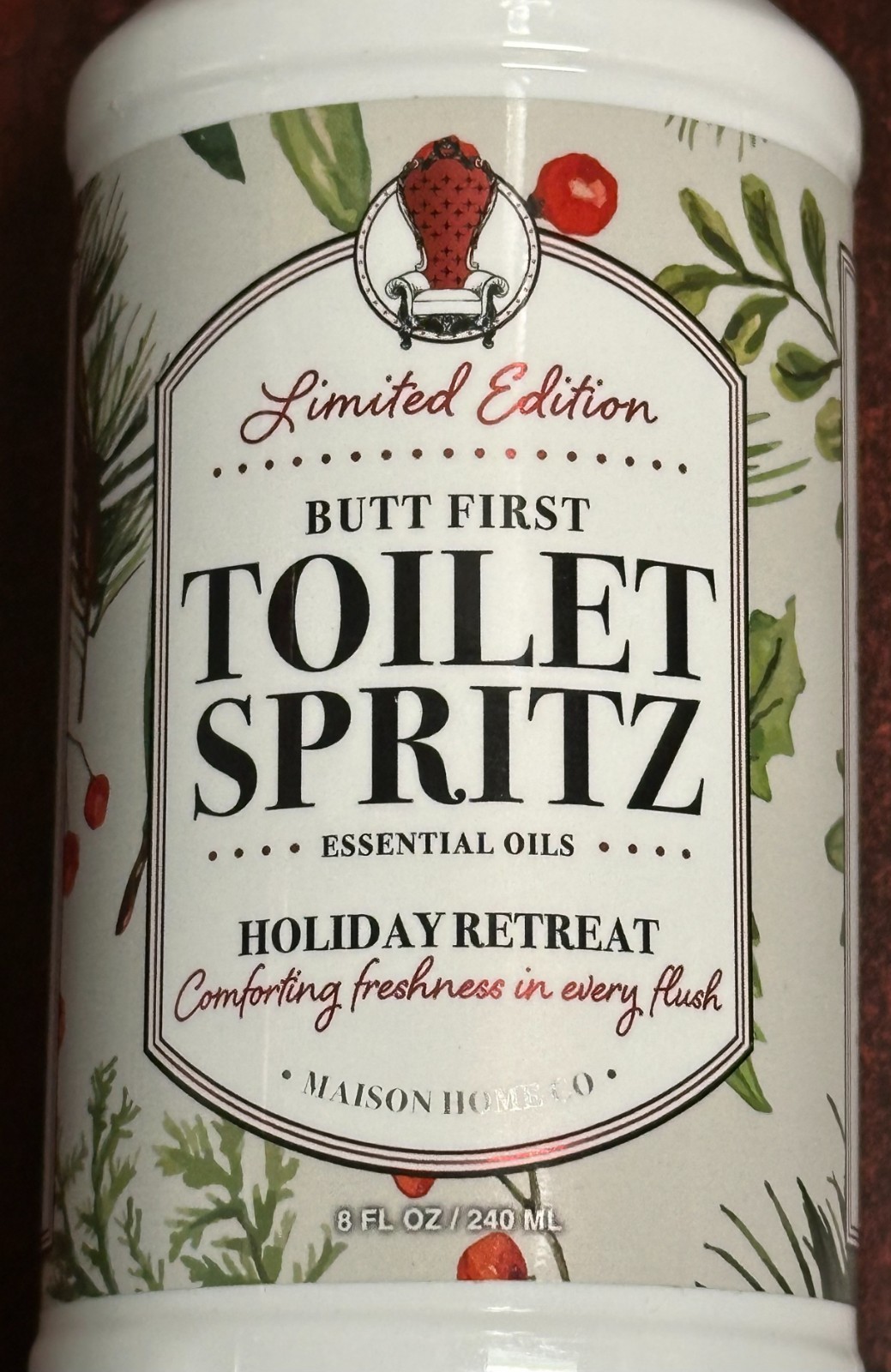 Maison Home Co. BUTT FIRST Odor Eliminator TOILET SPRITZ SPRAY ~ HOLIDAY RETREAT