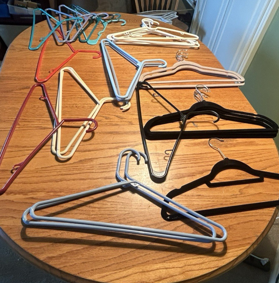 24 Lot – Big Box USED Hangers- Multi Color – One Size – Various Types – 7 Felt