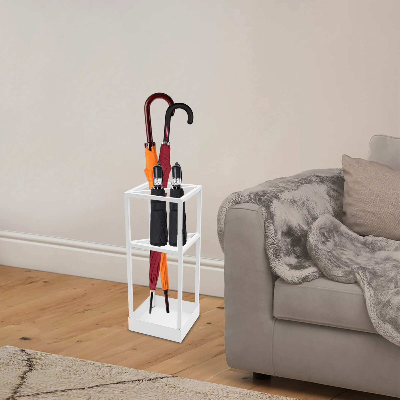Metal Square Umbrella Rack Cane Holder Modern Entryway Umbrella Rack w/Drip Tray