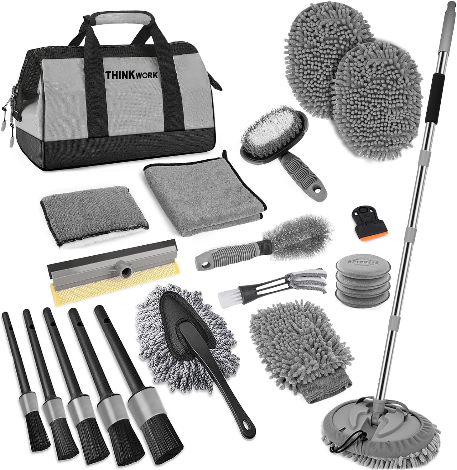 THINKWORK 25-in-1 Car Wash Kit, 62″ Long Handle Mop & Squeegee