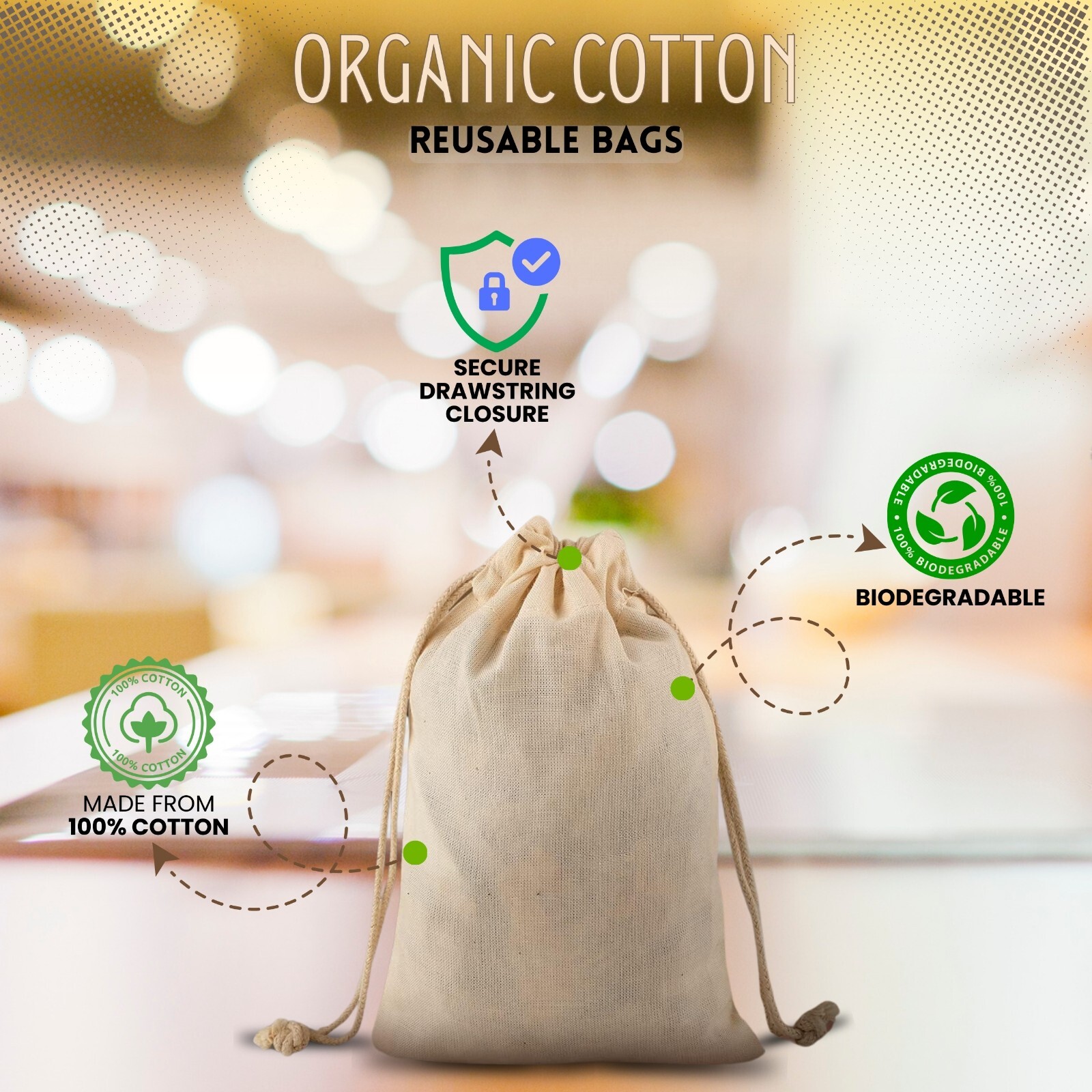100% Cotton Reusable Produce Muslin Bags – Multipurpose Drawstring Storage Pouch