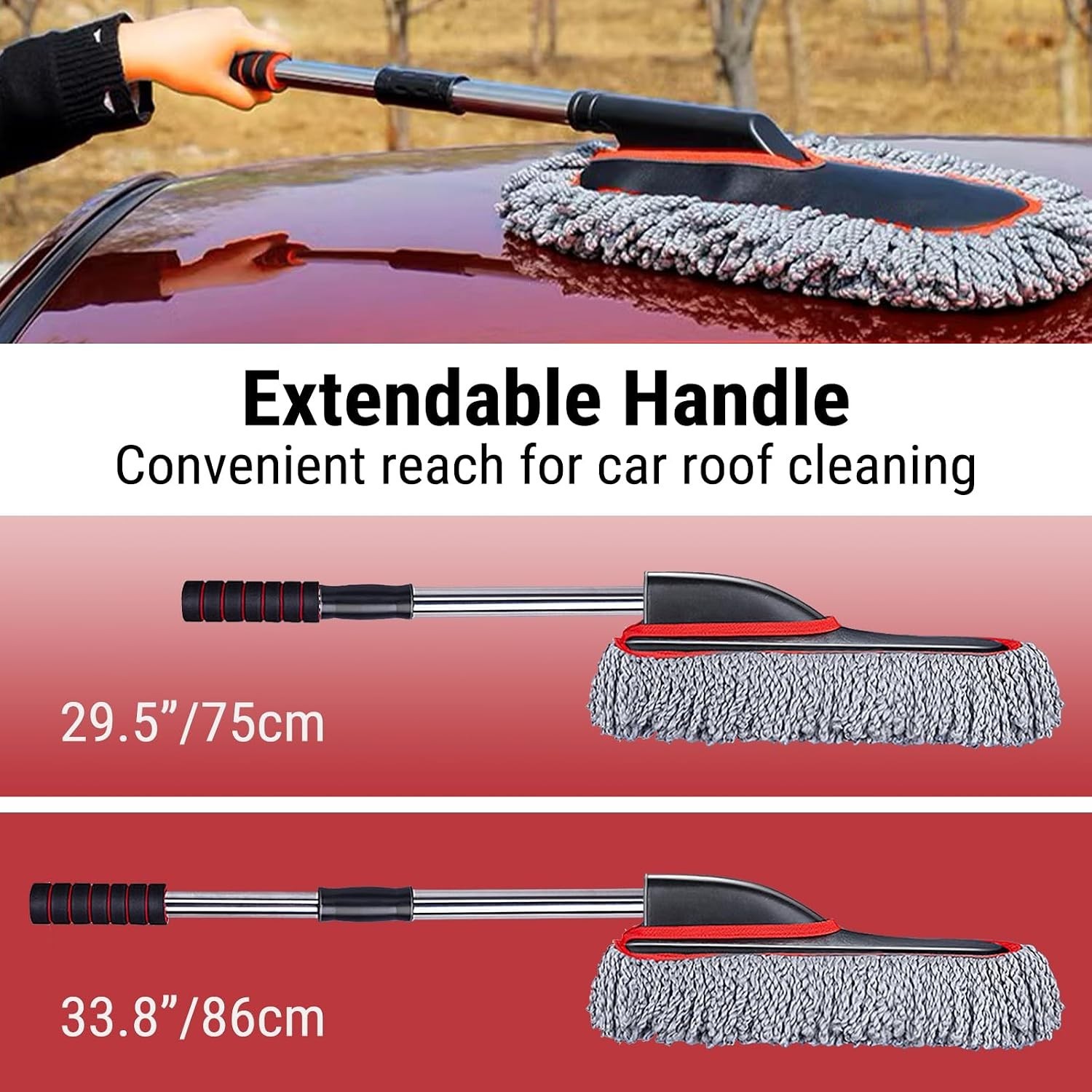 Car Duster, Scratch-Free Microfiber Cleaning Brush, Gray/Red | Extendable Han…