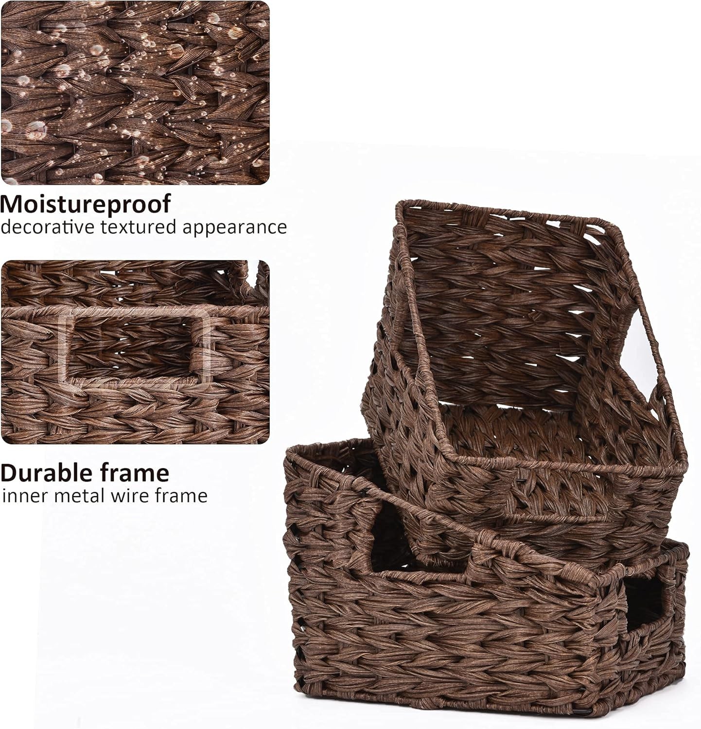 Wicker Storage Baskets, Waterproof Wicker Basket with Handles, Trapezoid Woven