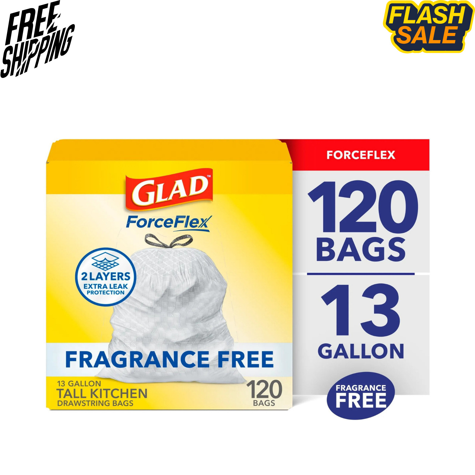 Glad ForceFlex 13 Gallon Drawstring Kitchen Trash Bags Unscented 120 Ct