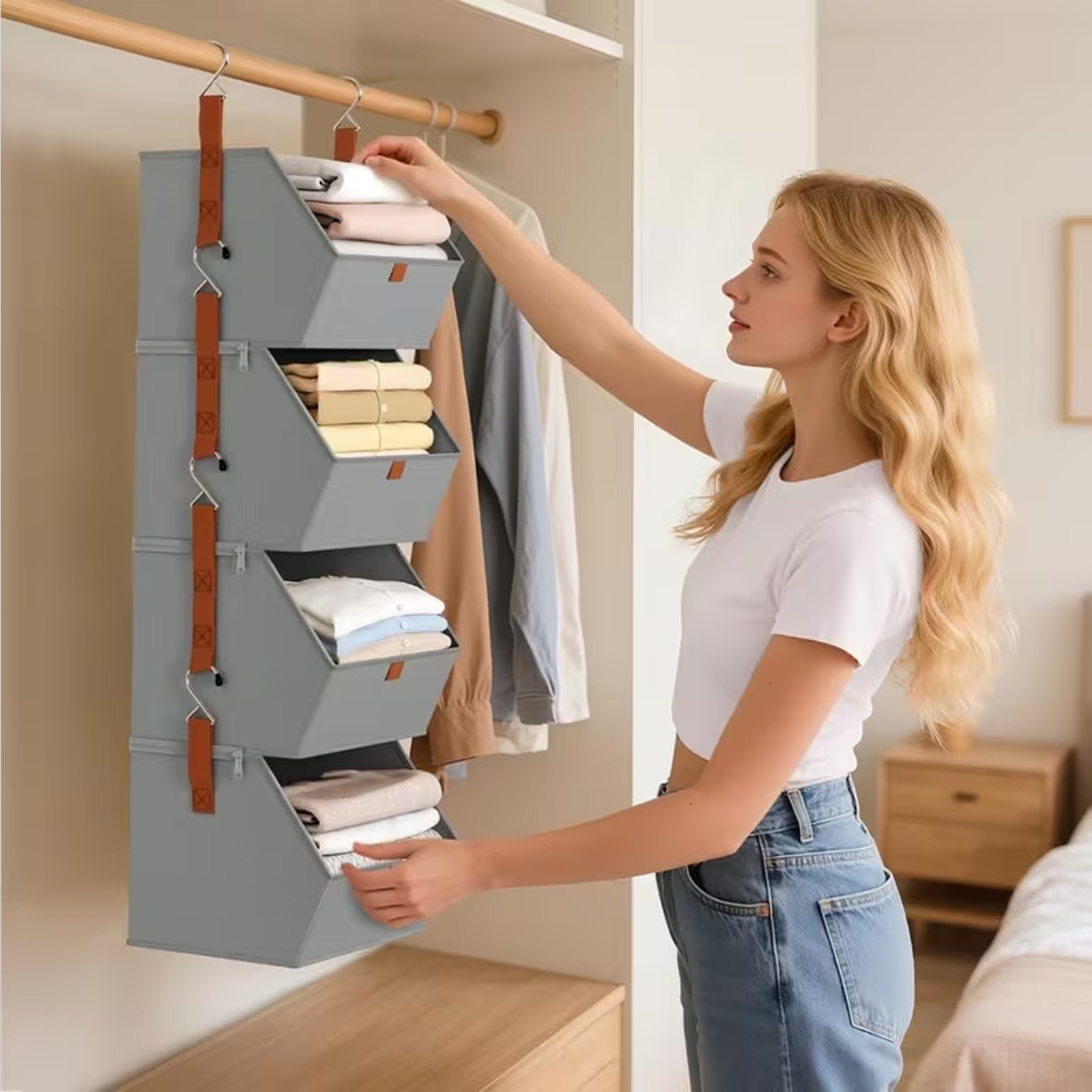 4 Tier Hanging Closet Organizer Shelves Storage Bins Space Saving Clothes US ✨