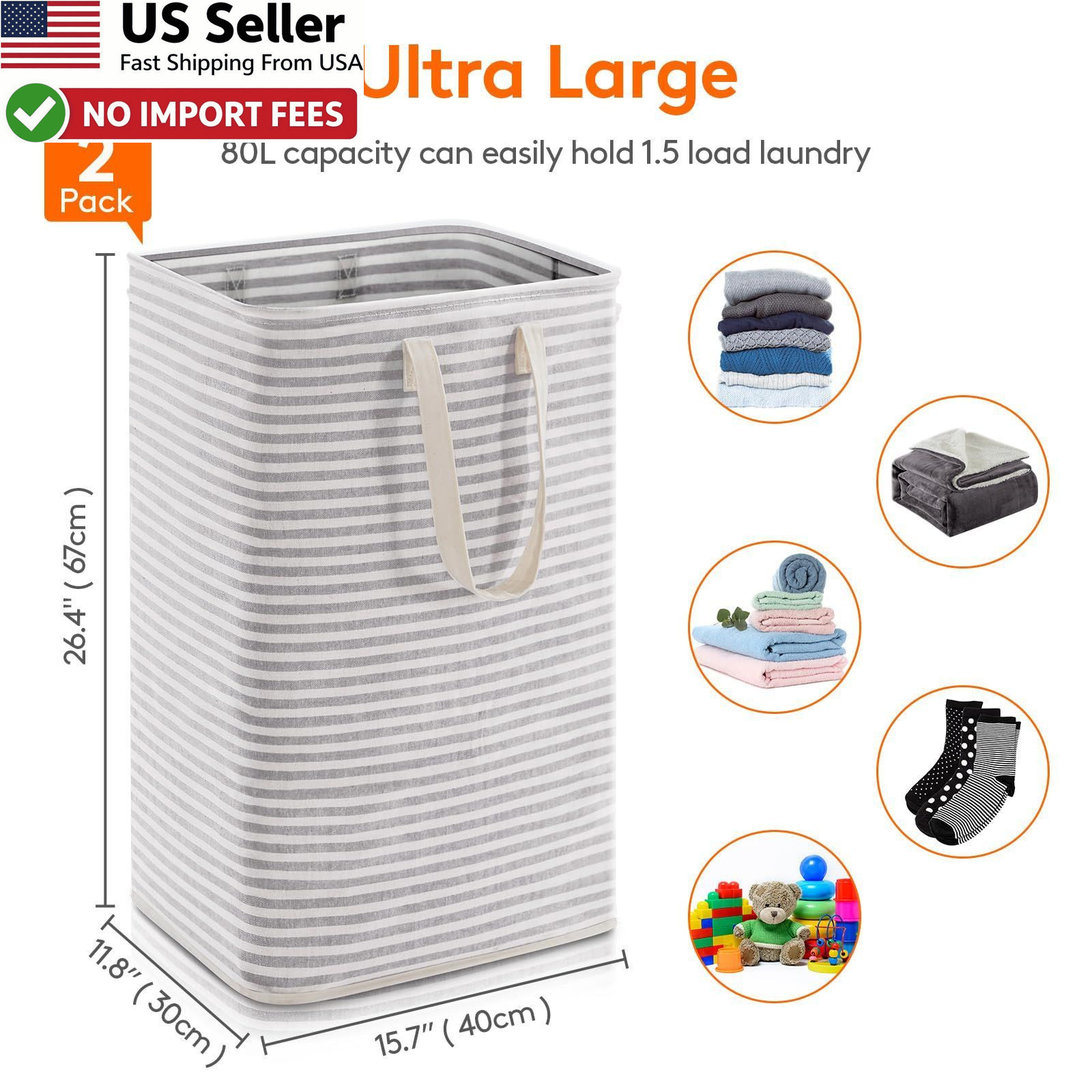 Lifewit 2 Pack Laundry Basket 80L Collapsible Freestanding Hamper Grey FROM USA