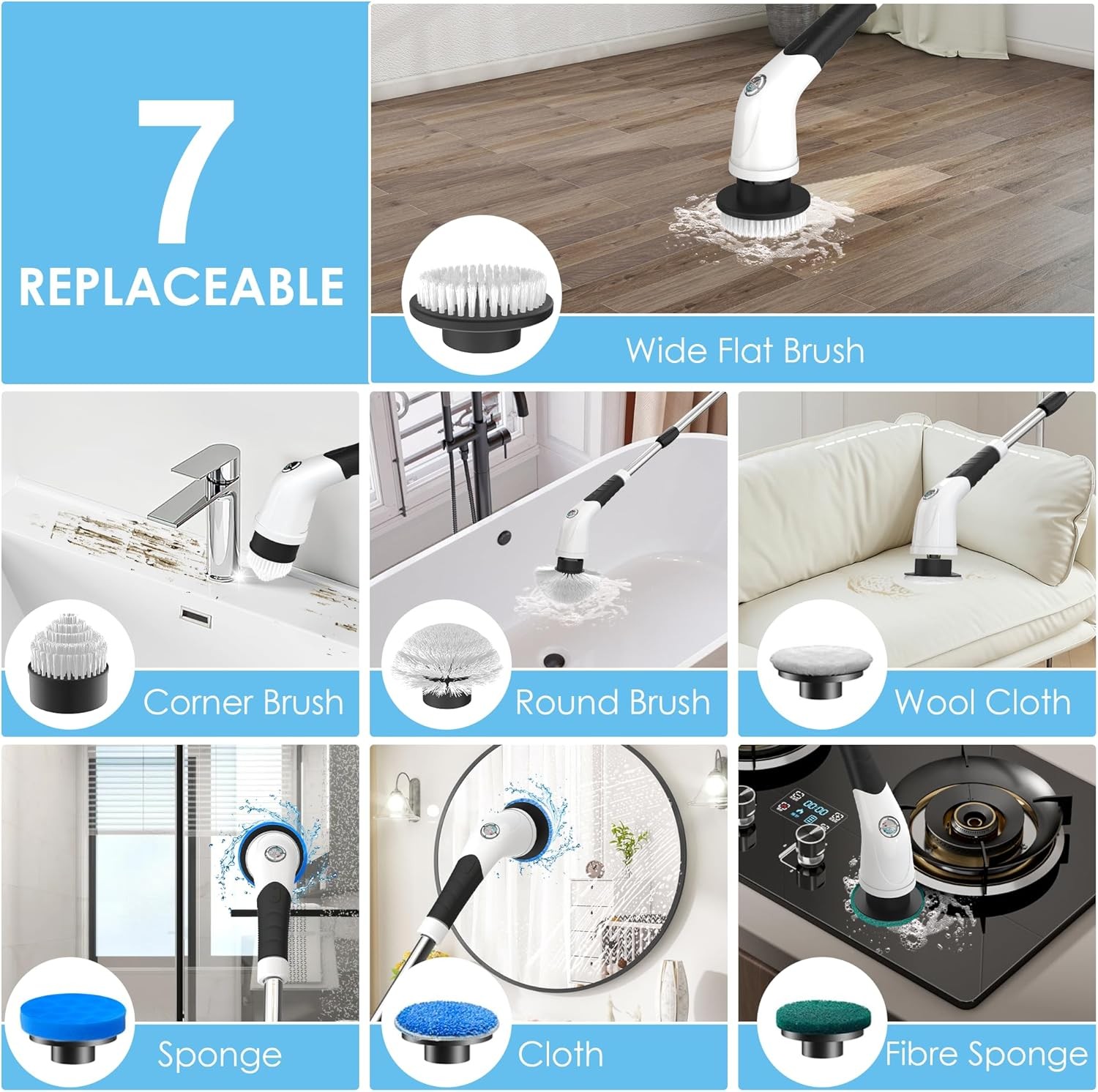 Electric Spin Scrubber, Cordless Cleaning Brush with 180 Min Runtime, 3-Speed, 7