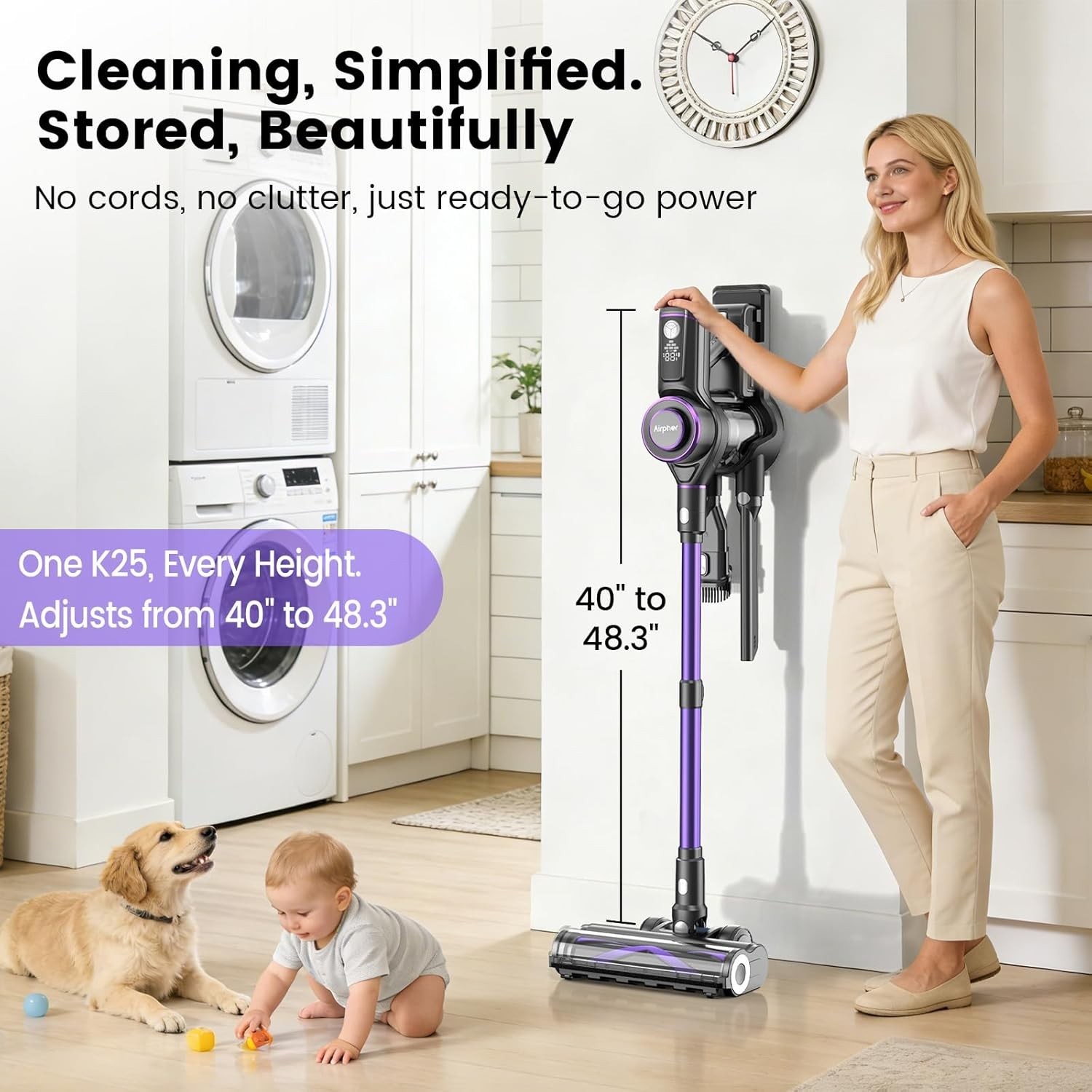 Cordless Vacuum Cleaner,75Min Runtime,600W 65KPA Dual Motor Pet Hair Vacuum
