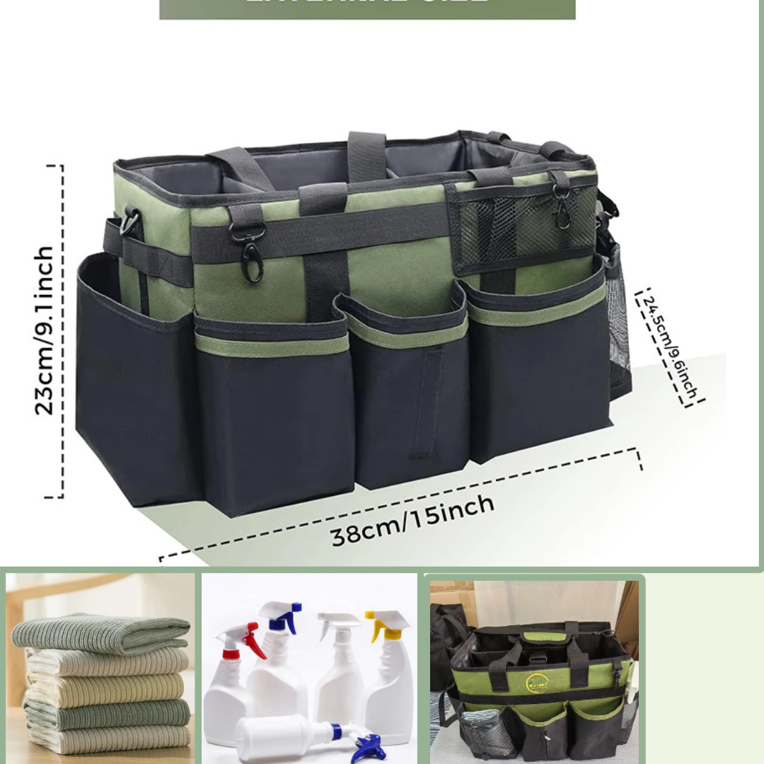 Cleaning Caddy Bag with spray bottle & Towls,Shoulder strap & waist belt.Green