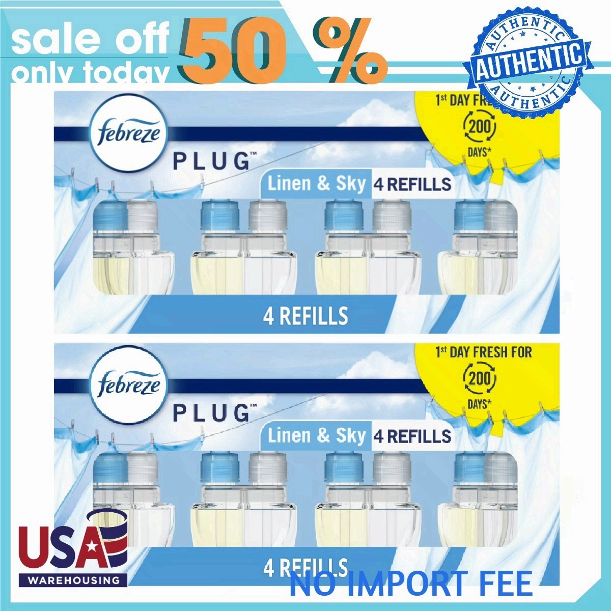 Febreze Plug In Air Freshener Scented Oil Refill Linen & Sky, 8 Count