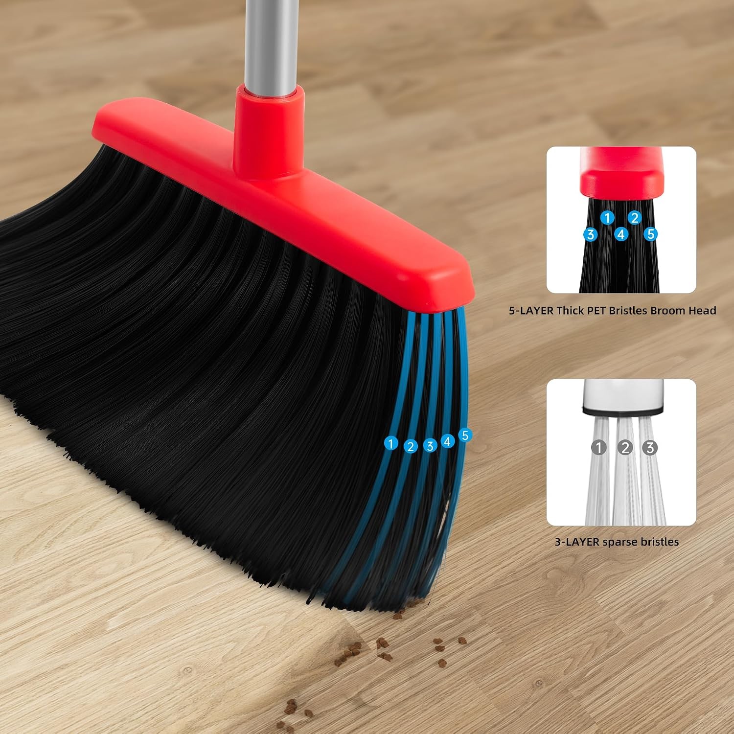 Long Handle Broom & Dustpan Set, Self-Cleaning Teeth, Heavy Duty Indoor/Outdoor