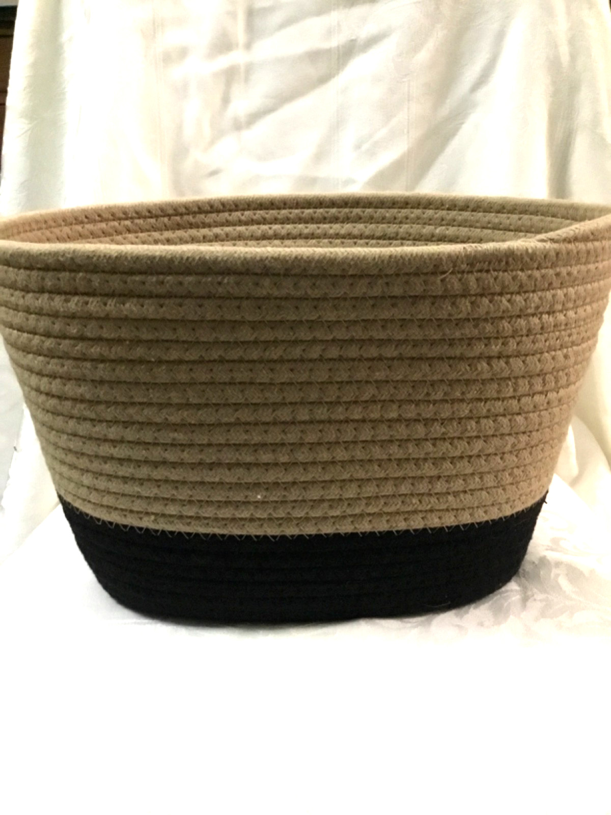 Oval Two Tone Natural Rope Woven Storage Organization Basket 13″ x 9″ x 9″ Tall