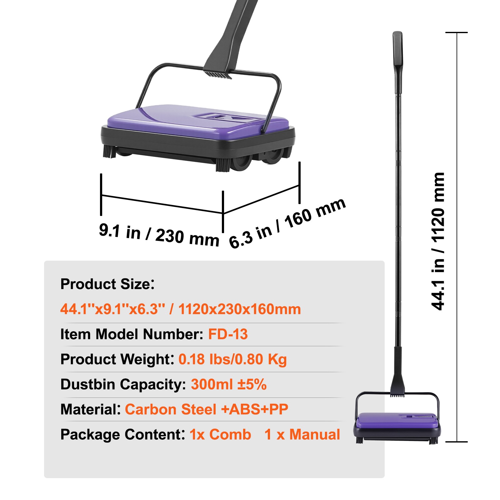VEVOR Carpet Floor Sweeper Manual 6.7 inch Width Sweeping Paths Non Electric