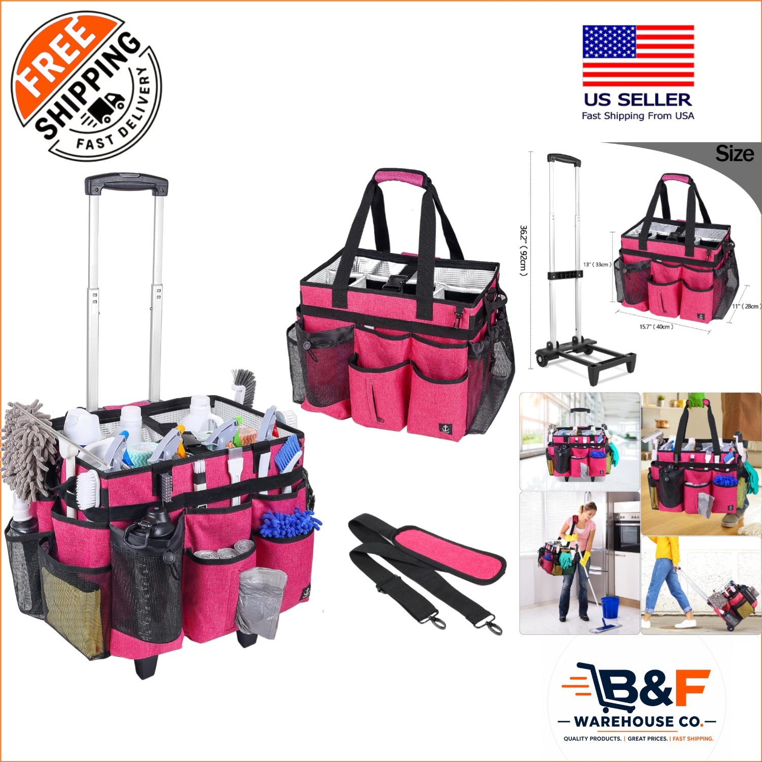 Waterproof Extra Large Cleaning Caddy with Multiple Pockets & Detachable Trolley