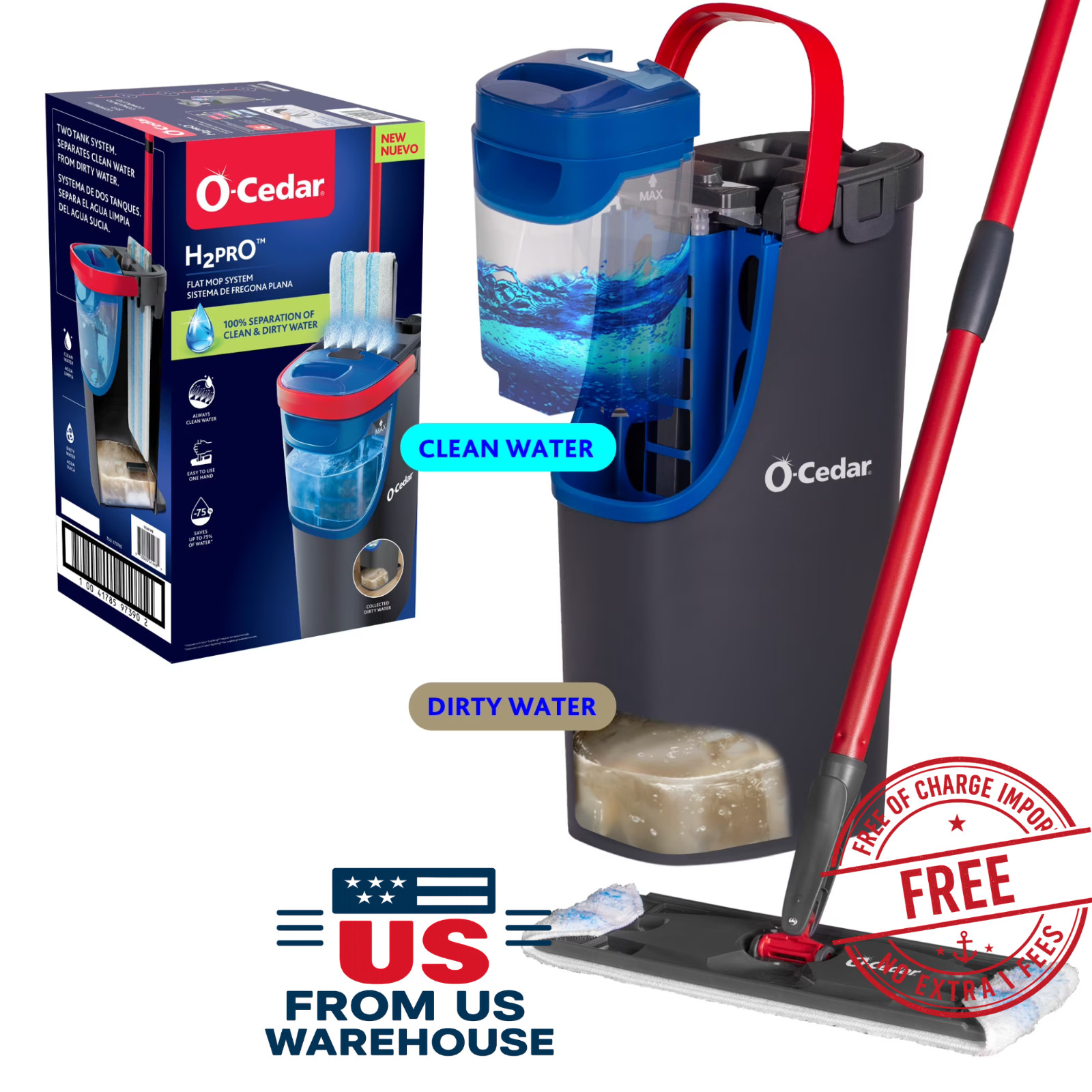 O-Cedar H2prO Flat Mop System Dual Tank Microfiber Hard Floor Cleaner New