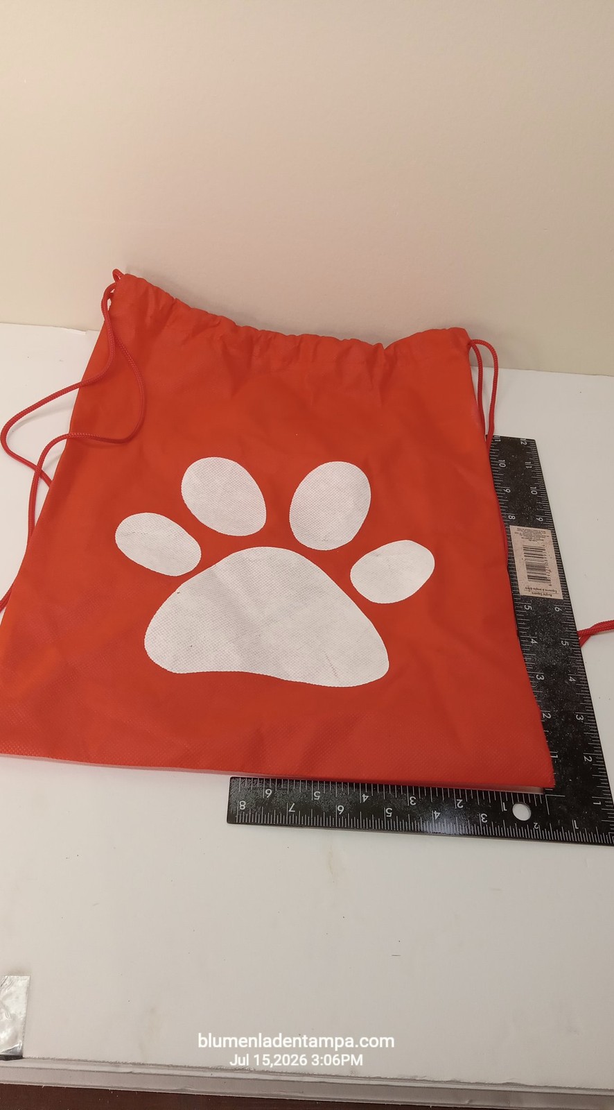 Orange Drawstring Cinch Bag White Paw Print Polyester Backpack 14×14
